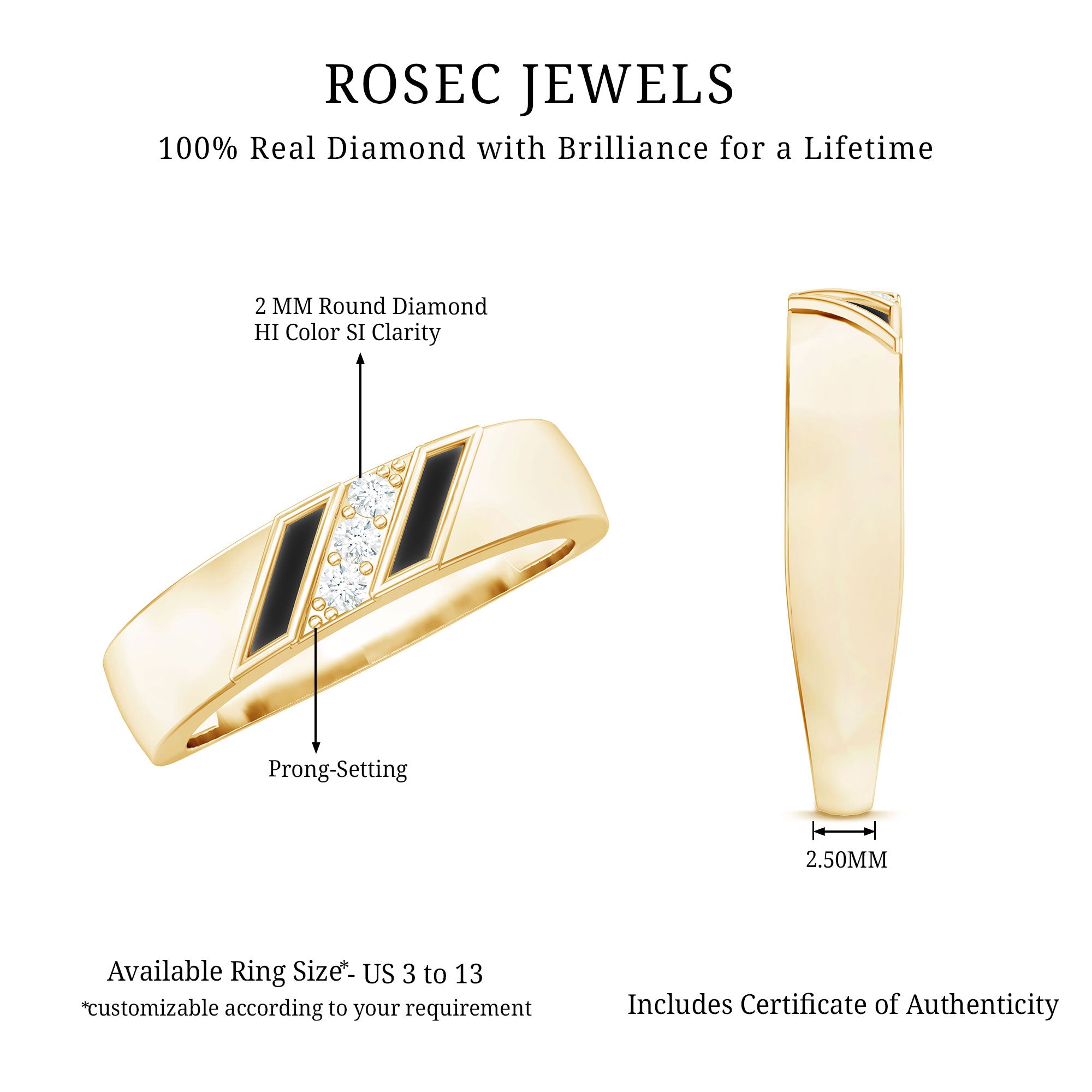 Natural Mens Diamond Wedding Band with Black Enamel Natural - ( HI-SI ) - Rosec Jewels