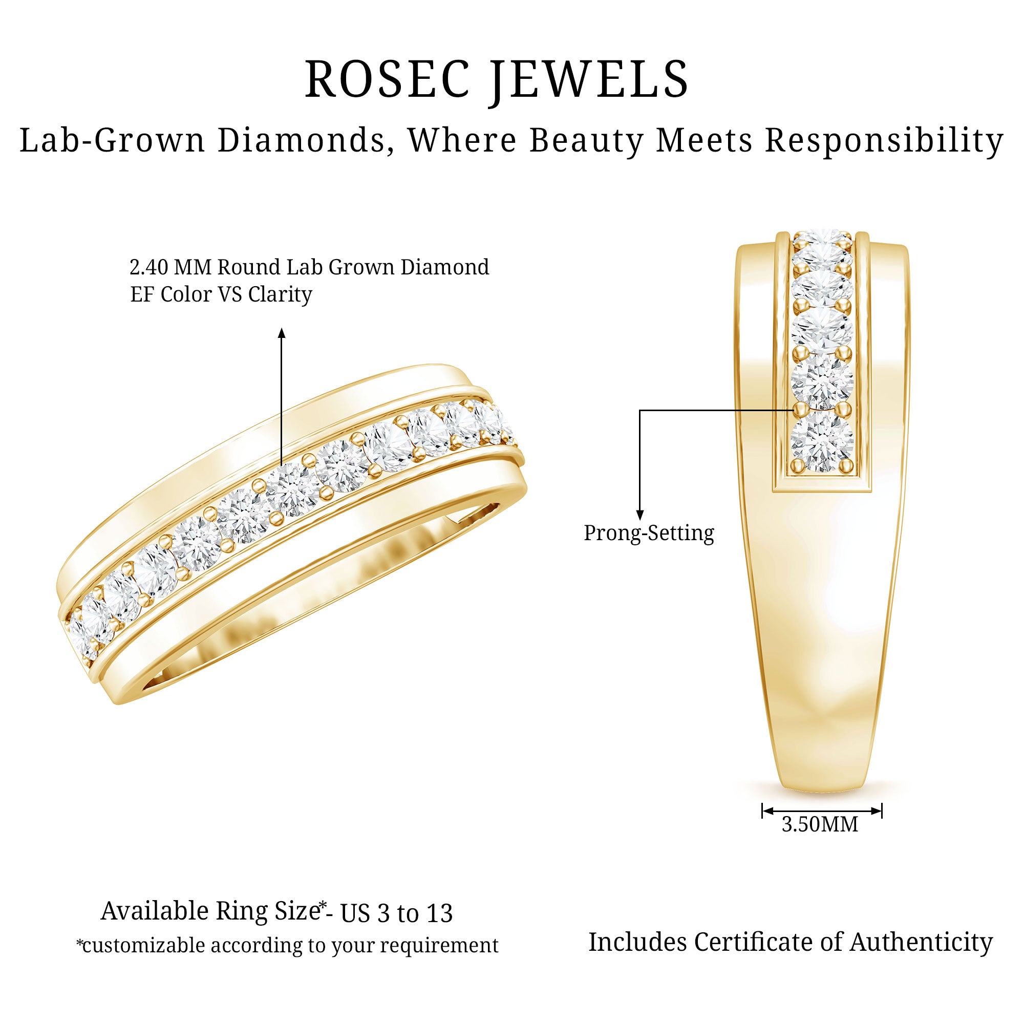 Lab Grown Diamond Half Eternity Mens Wedding Band Lab - ( EF-VS ) - Rosec Jewels