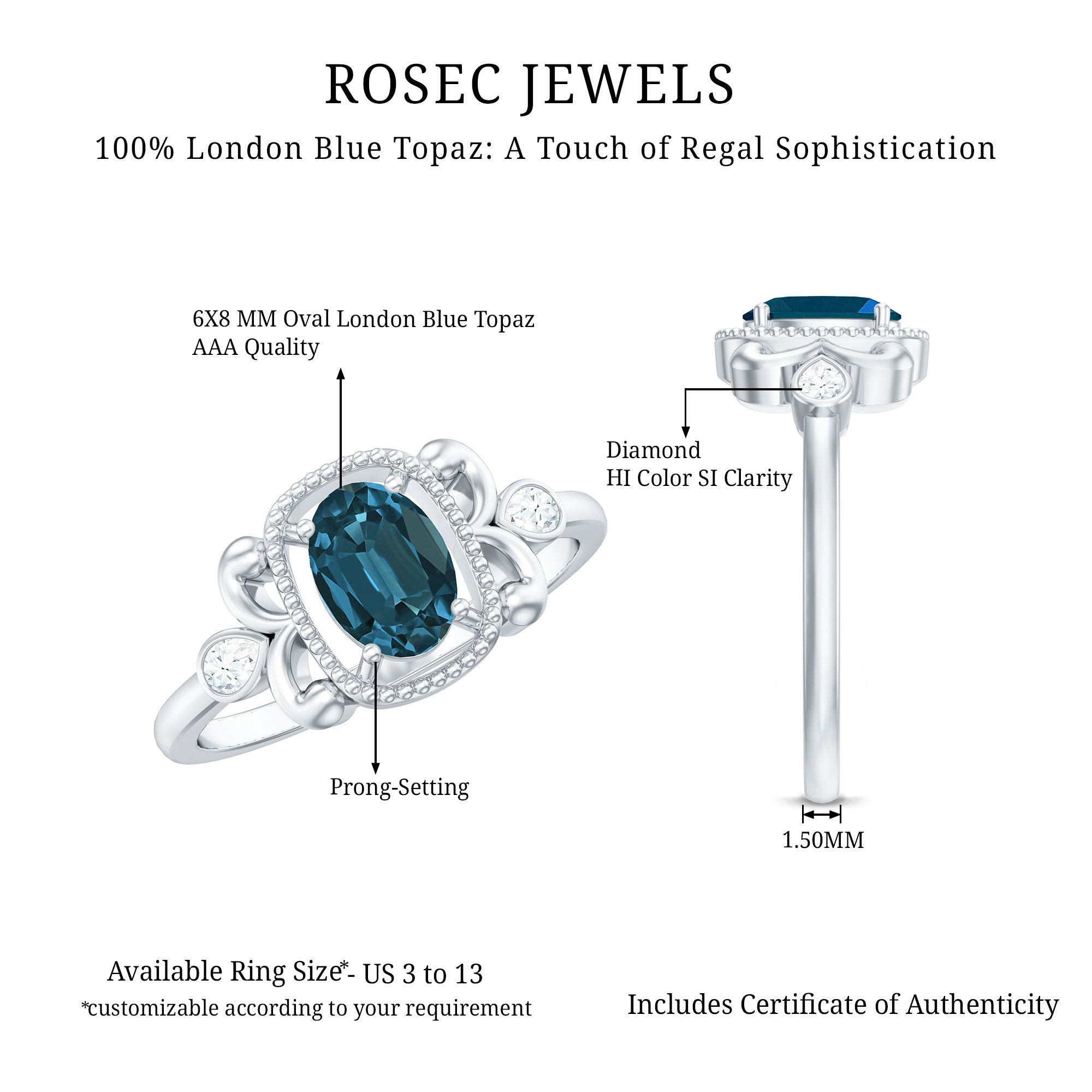 Rosec Jewels-London Blue Topaz and Diamond Art Deco Engagement Ring