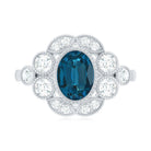 Real Oval London Blue Topaz Vintage Engagement Ring with Diamond AAA - Rosec Jewels