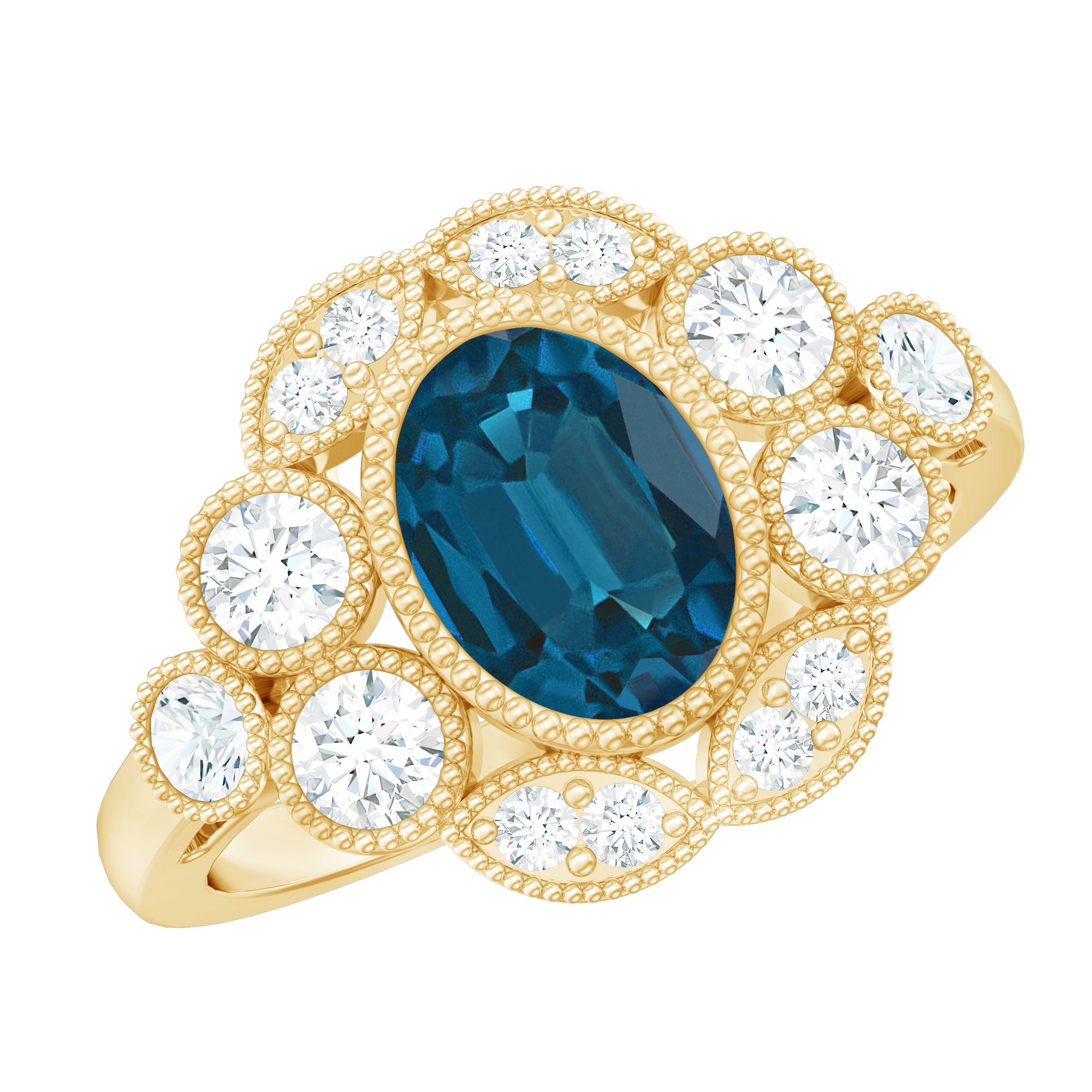 Real Oval London Blue Topaz Vintage Engagement Ring with Diamond AAA - Rosec Jewels