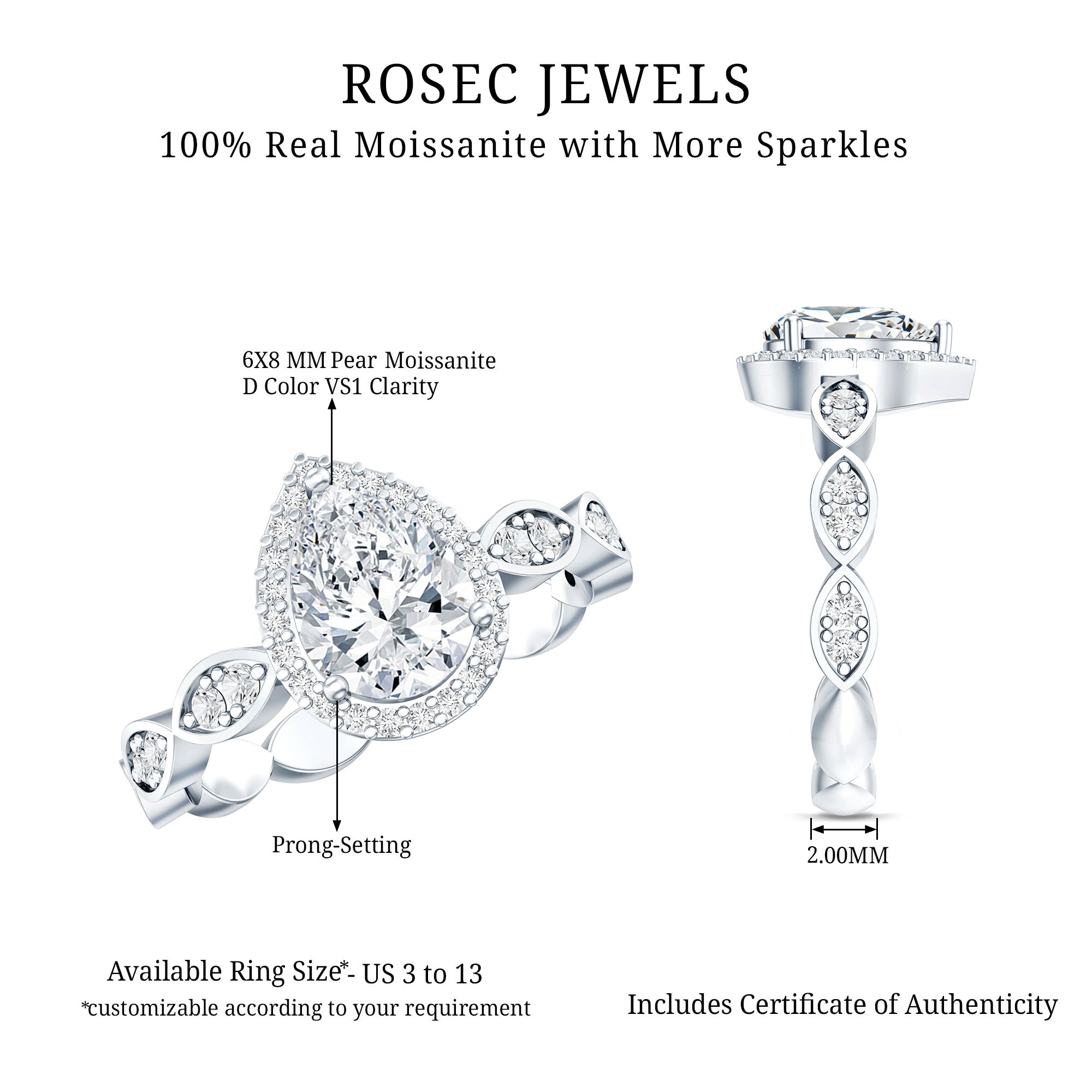 Rosec Jewels-Moissanite Teardrop Engagement Ring with Scalloped Shank