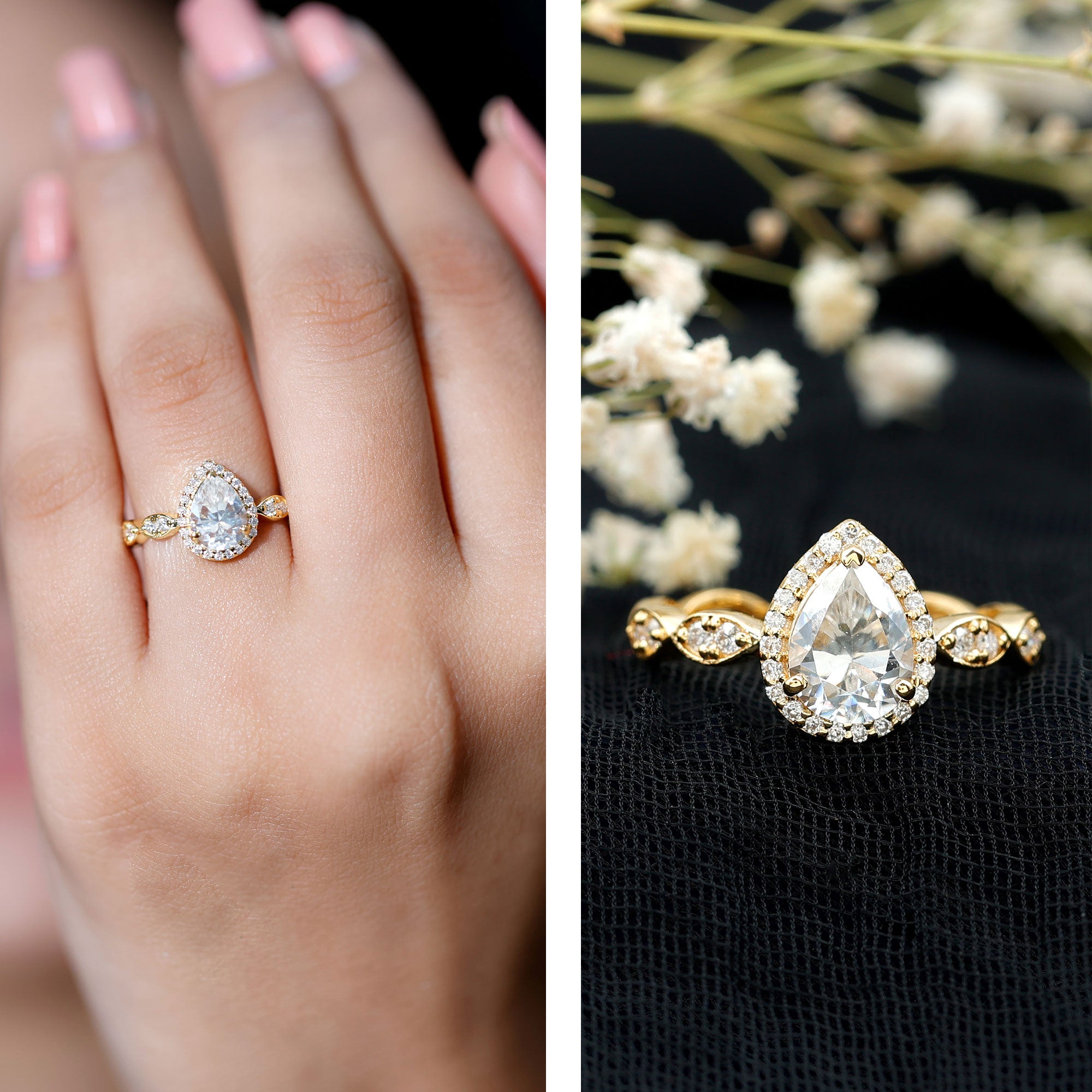 Rosec Jewels-Moissanite Teardrop Engagement Ring with Scalloped Shank