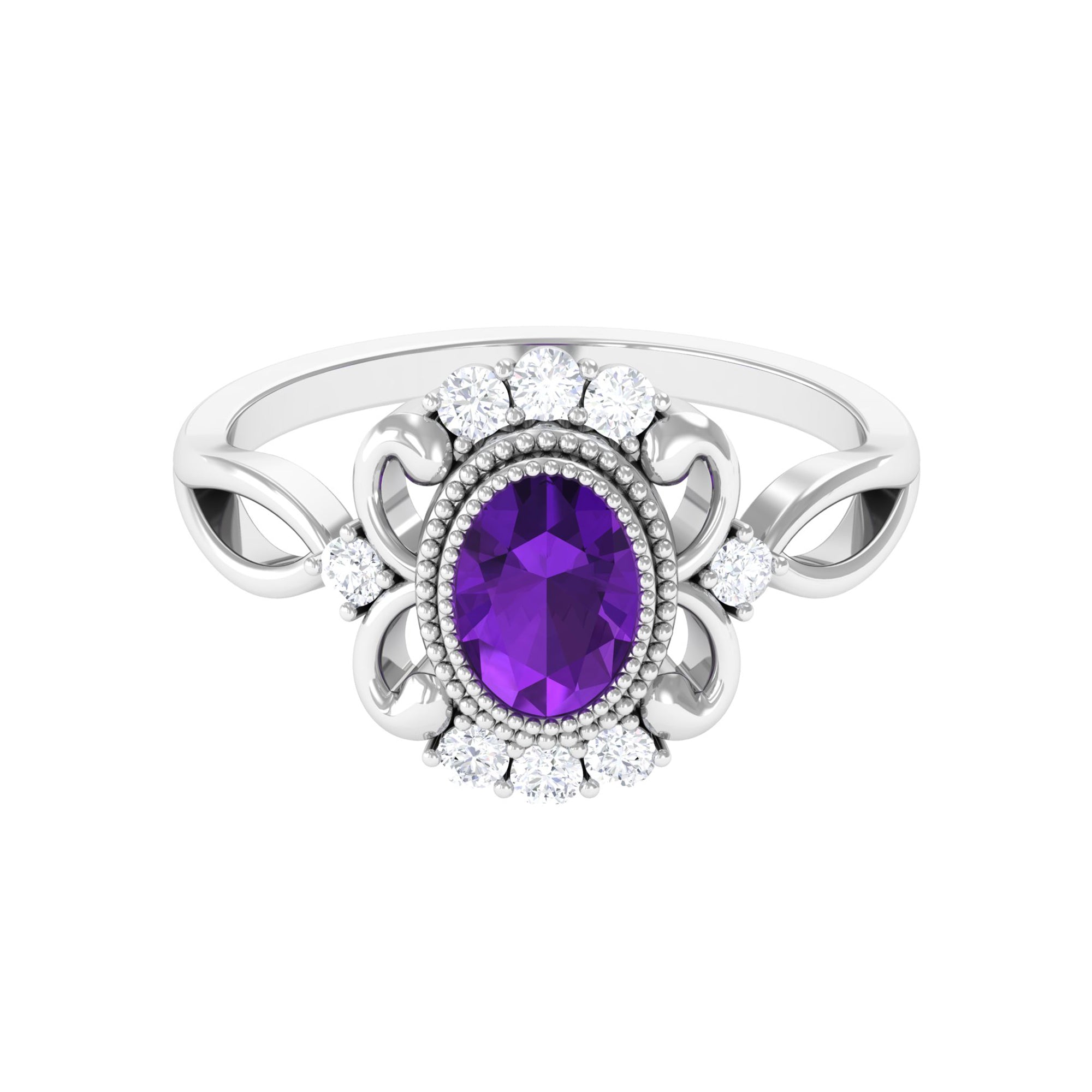 Vintage Inspired 1 Carat Amethyst Oval Engagement Ring with Diamond AAA - Rosec Jewels