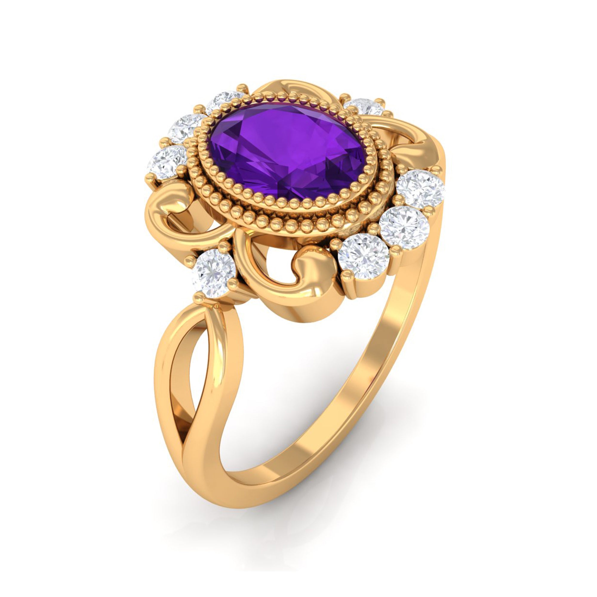 Vintage Inspired 1 Carat Amethyst Oval Engagement Ring with Diamond AAA - Rosec Jewels