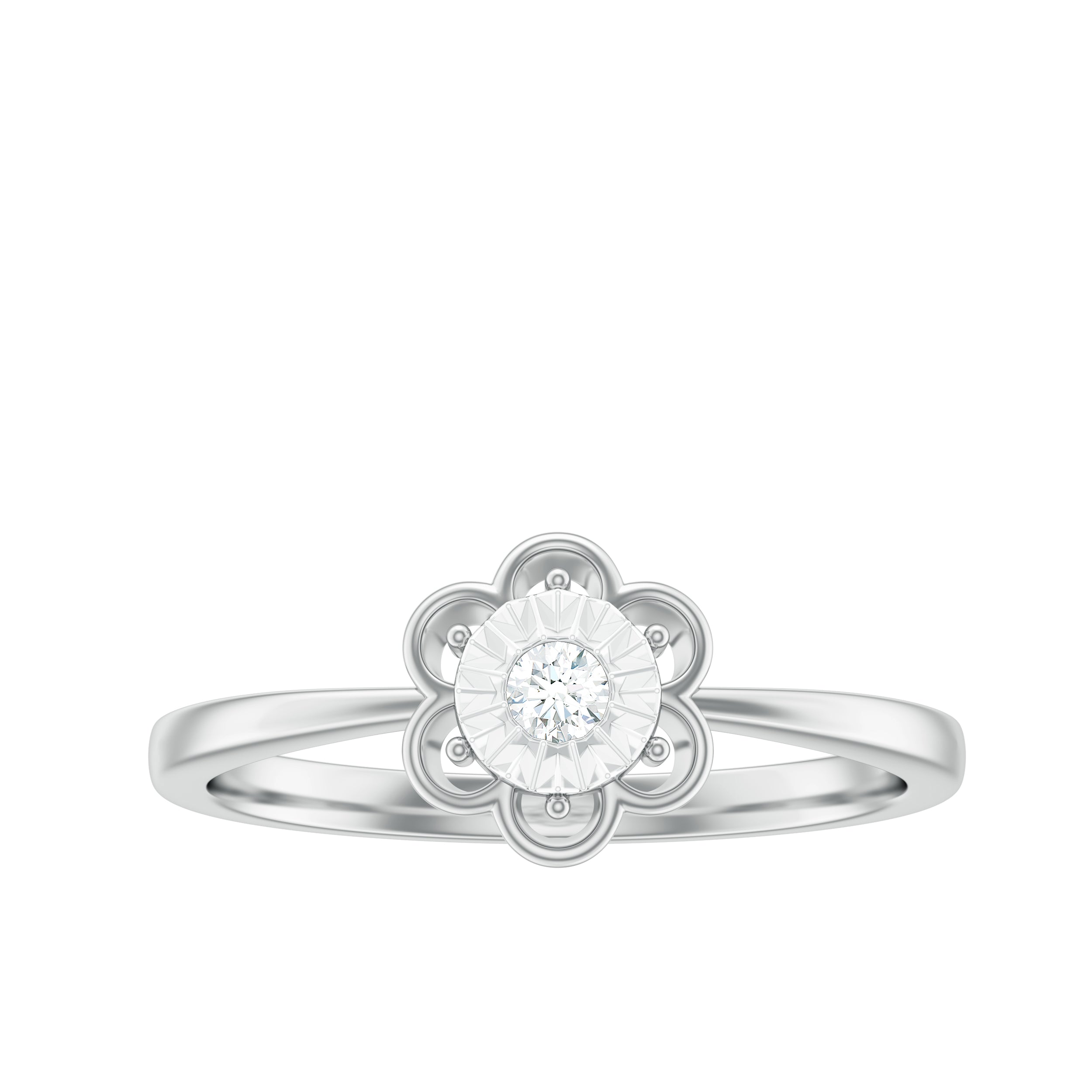 Real Diamond Solitaire Flower Ring with Miracle Plate Diamond - ( HI-SI ) - Color and Clarity - Rosec Jewels