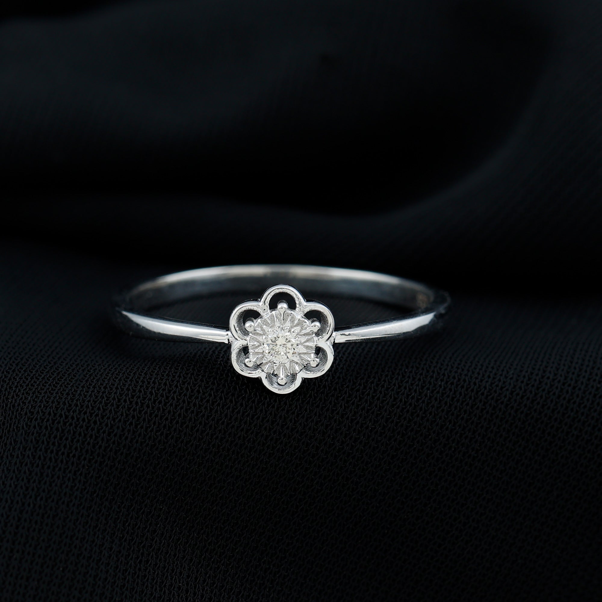 Real Diamond Solitaire Flower Ring with Miracle Plate Diamond - ( HI-SI ) - Color and Clarity - Rosec Jewels