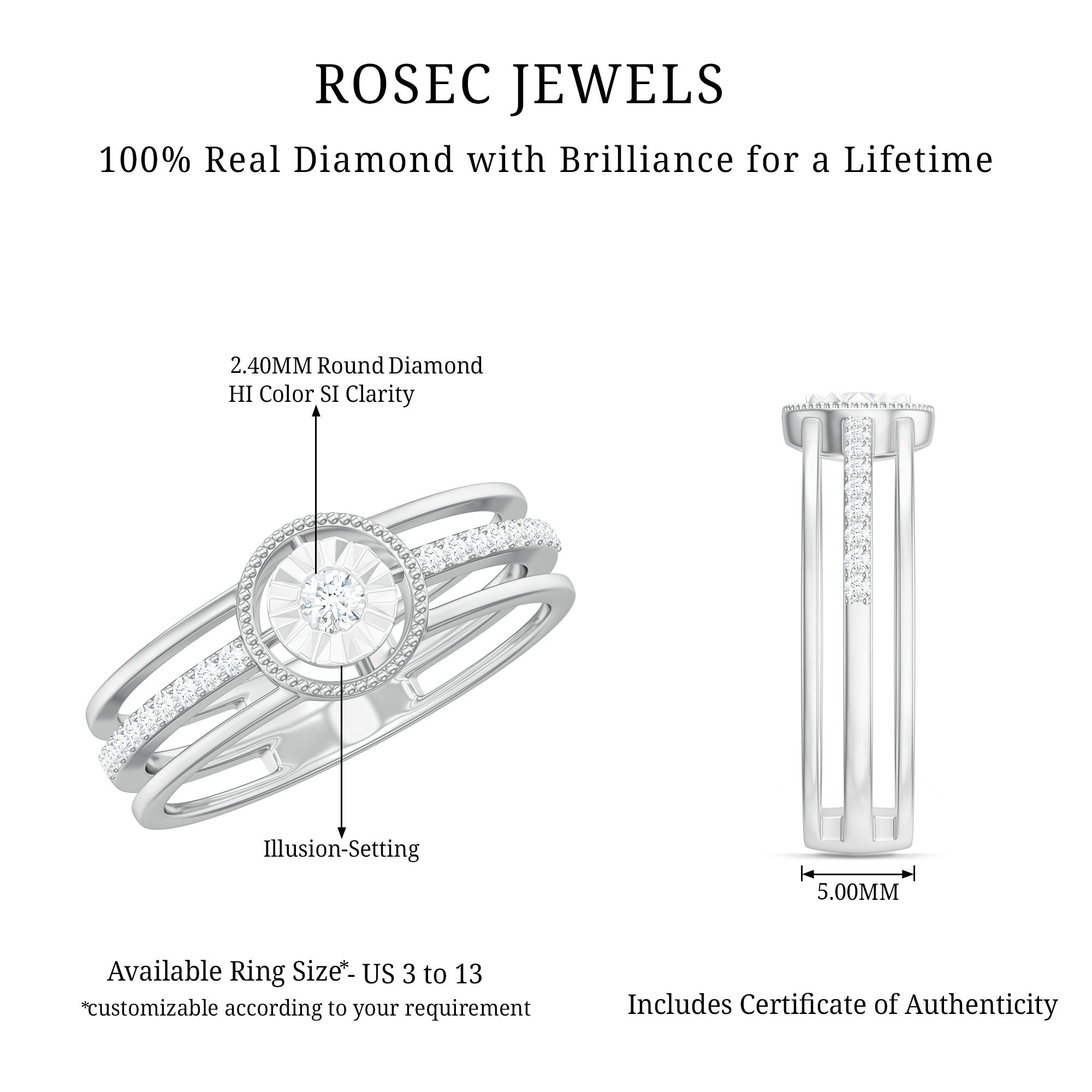 Certified Natural Diamond Engagement Ring for Women Natural - ( HI-SI ) - Rosec Jewels