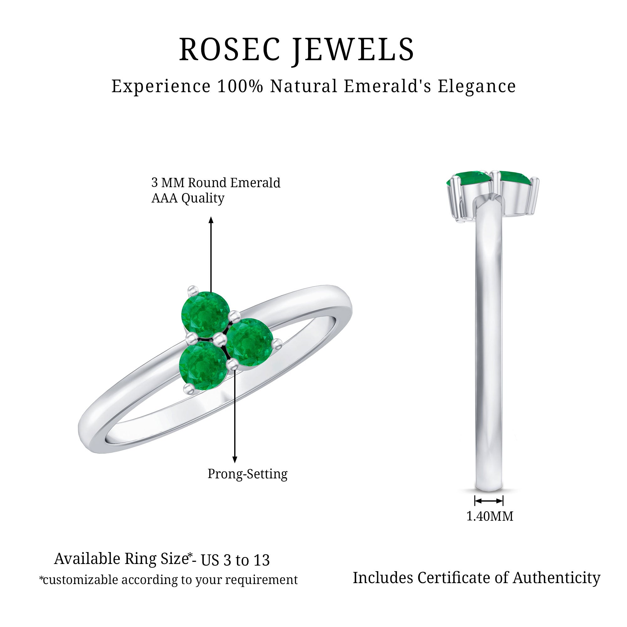 Rosec Jewels-Natural Emerald 3 Stone Promise Ring with Certificate