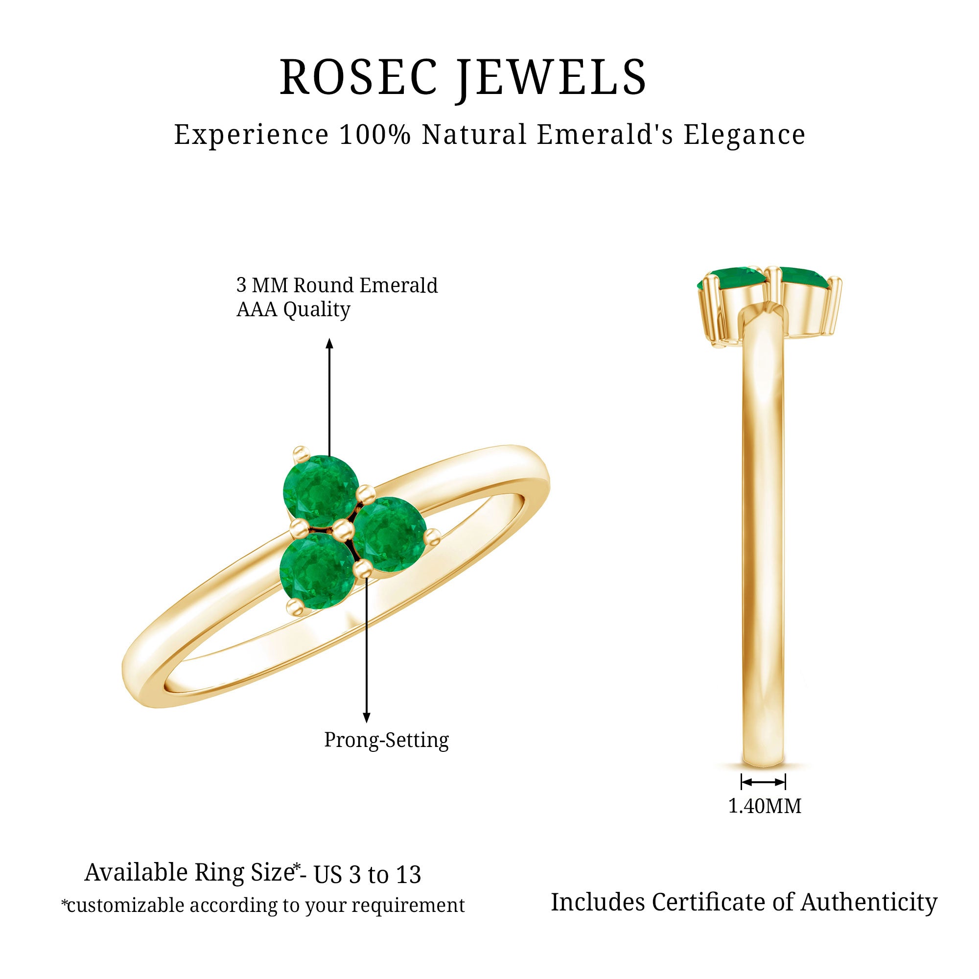 Rosec Jewels-Natural Emerald 3 Stone Promise Ring with Certificate