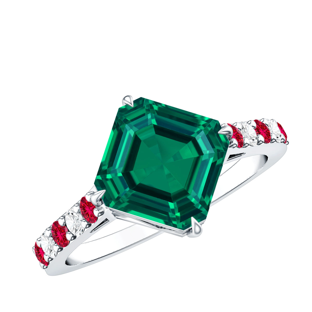 6 Carat Lab Created Emerald Engagement Ring with Lab Ruby and Diamond AAAA - Rosec Jewels