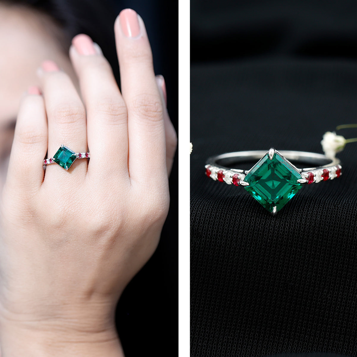 6 Carat Lab Created Emerald Engagement Ring with Lab Ruby and Diamond AAAA - Rosec Jewels