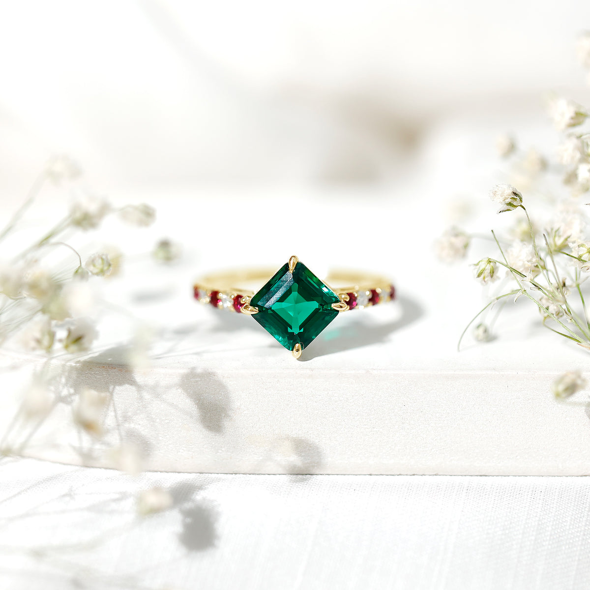 6 Carat Lab Created Emerald Engagement Ring with Lab Ruby and Diamond AAAA - Rosec Jewels