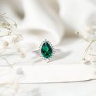 Certified 7X10 mm Lab Grown Emerald Teardrop Engagement Ring with Diamond Halo AAAA - Rosec Jewels