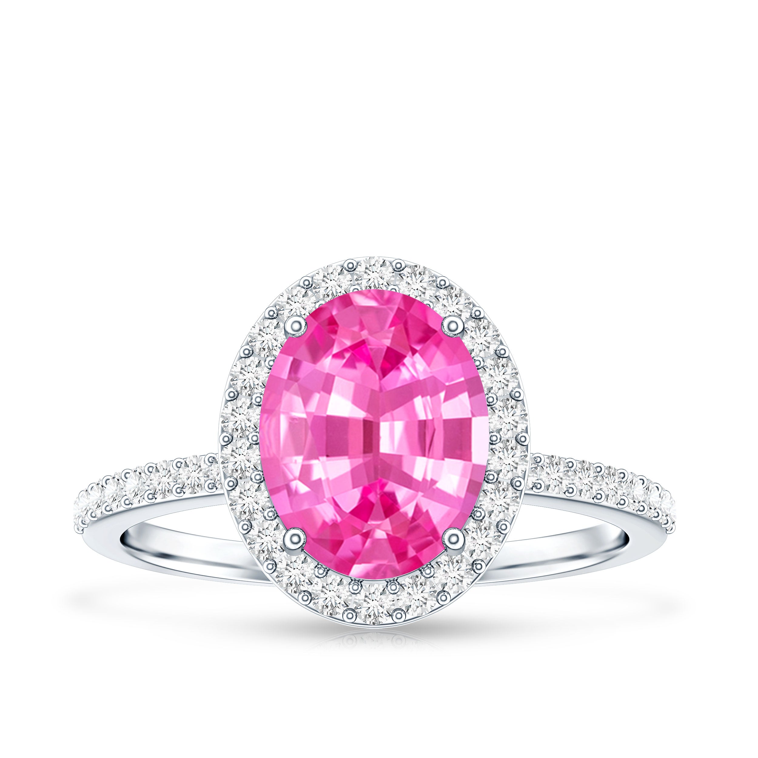 Oval Cut Created Pink Sapphire and Diamond Halo Ring AAAA - Rosec Jewels
