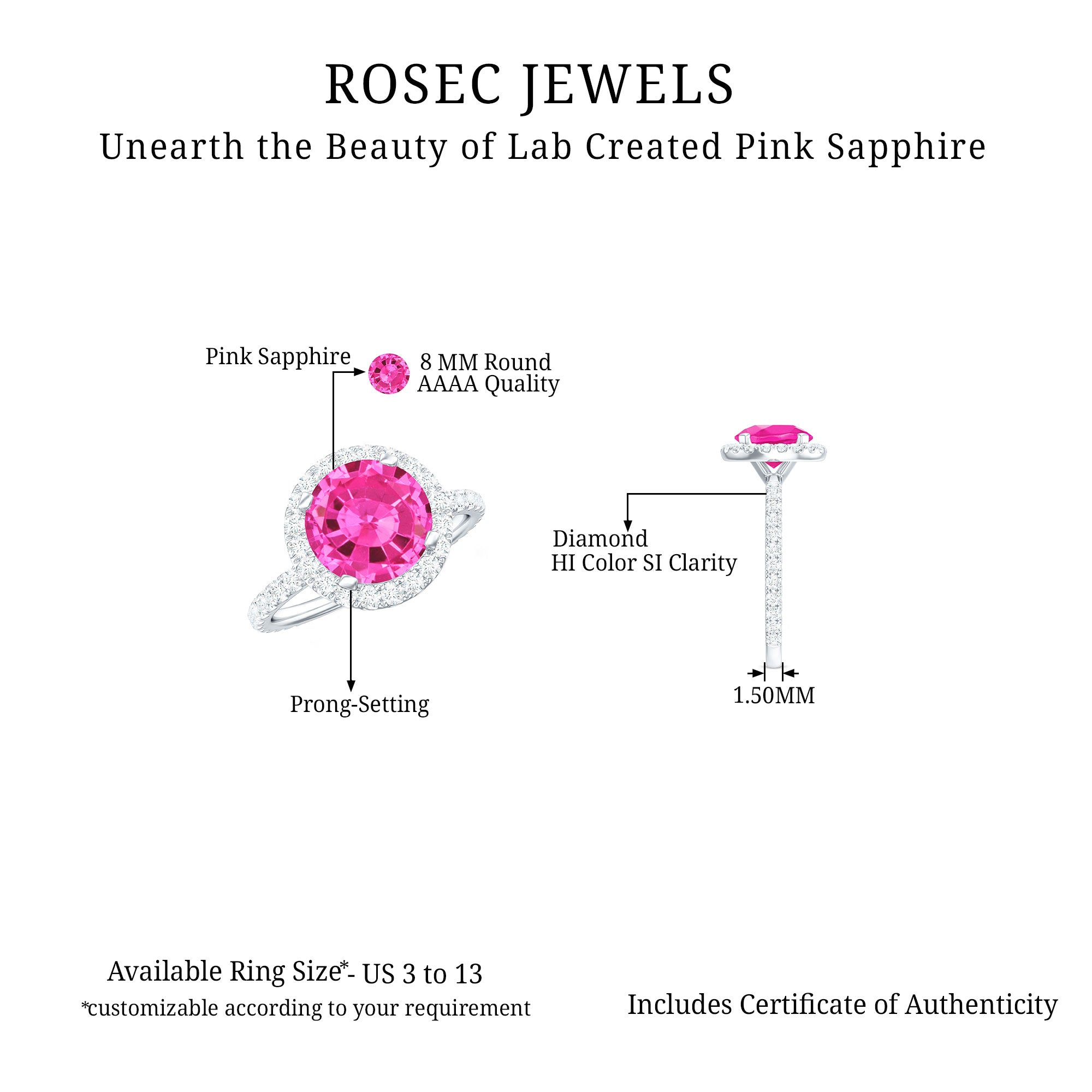 Round Lab Created Pink Sapphire Halo Engagement Ring with Diamond - Rosec Jewels