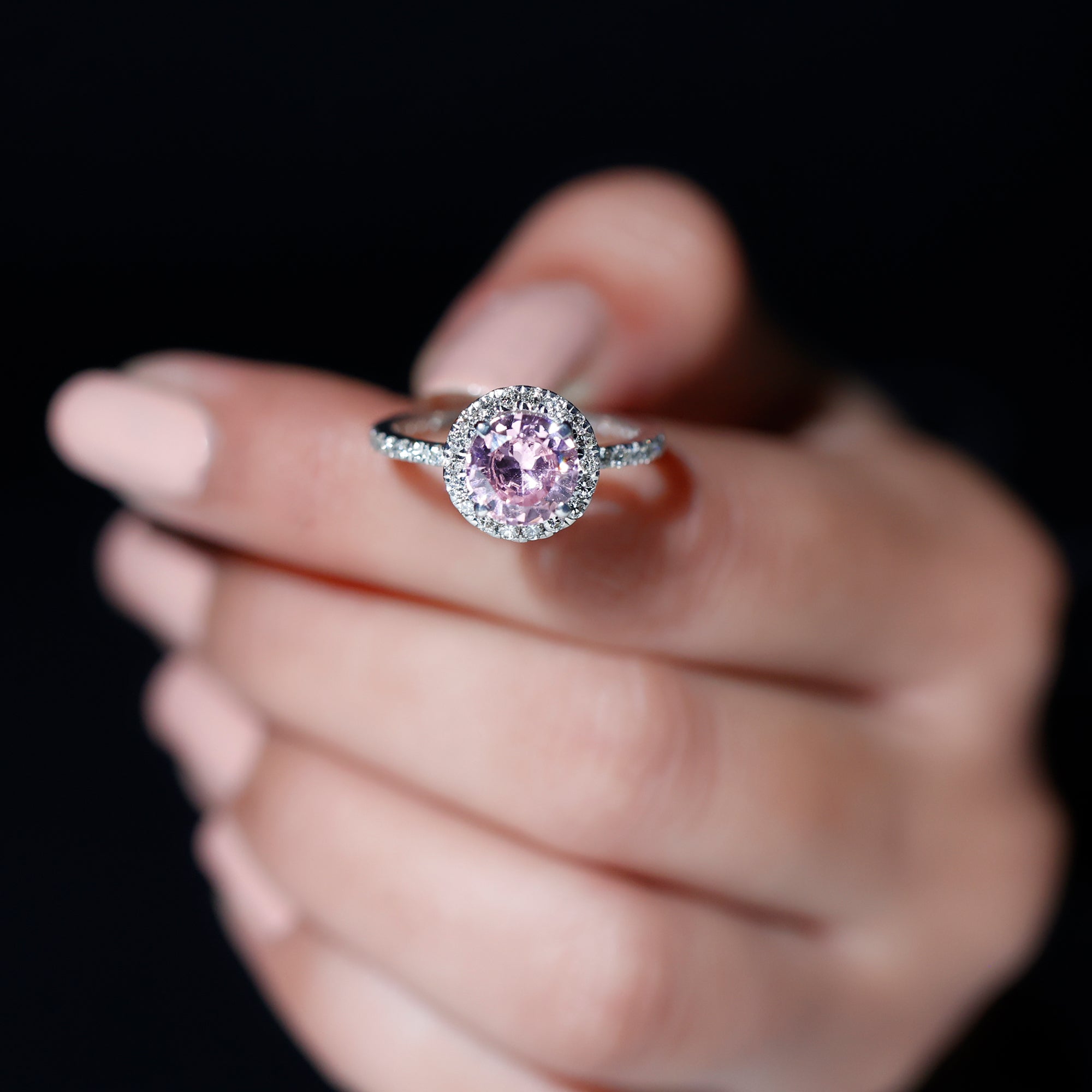 Round Lab Created Pink Sapphire Halo Engagement Ring with Diamond - Rosec Jewels