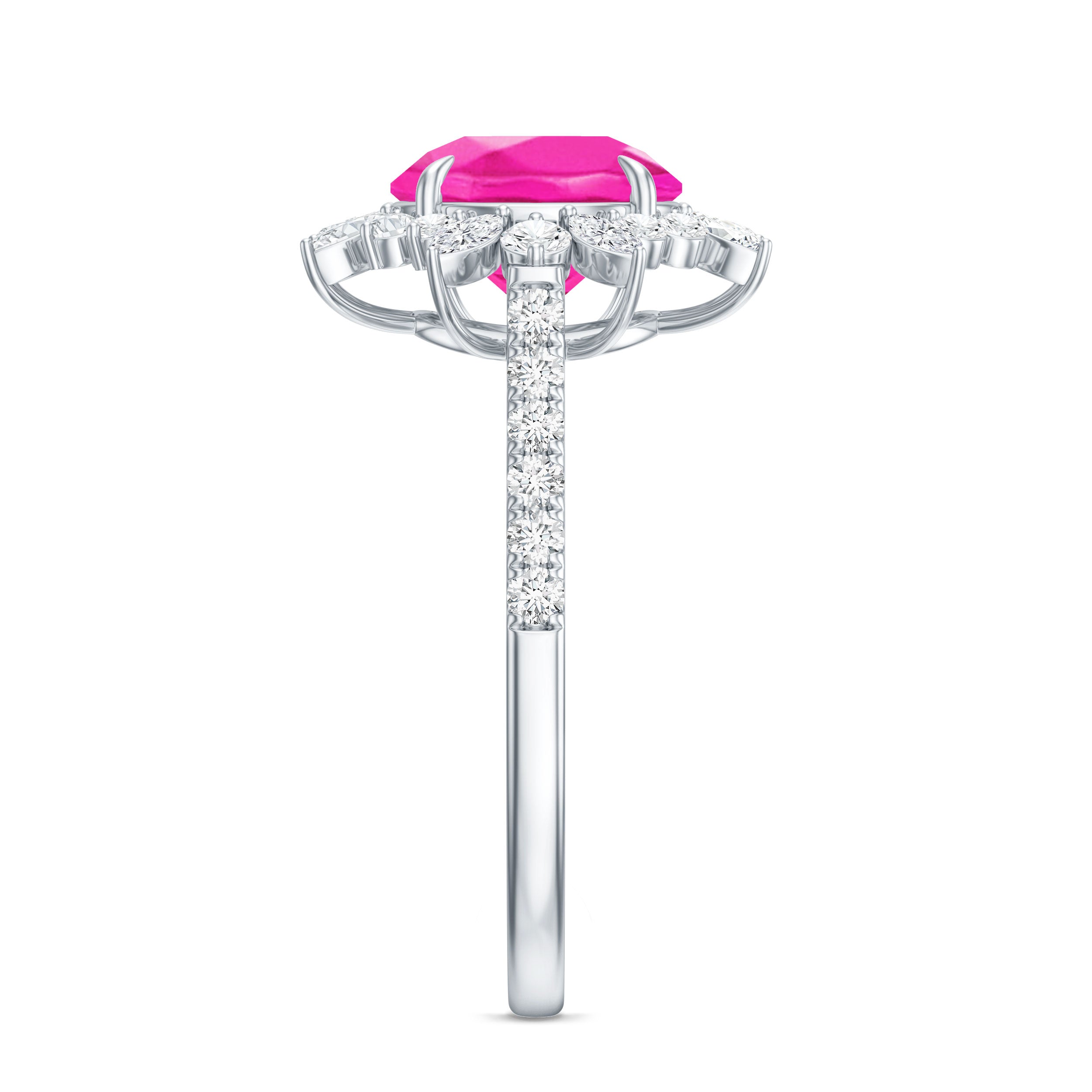 Created Pink Sapphire Cocktail Ring with Moissanite Floral Halo AAAA - Rosec Jewels