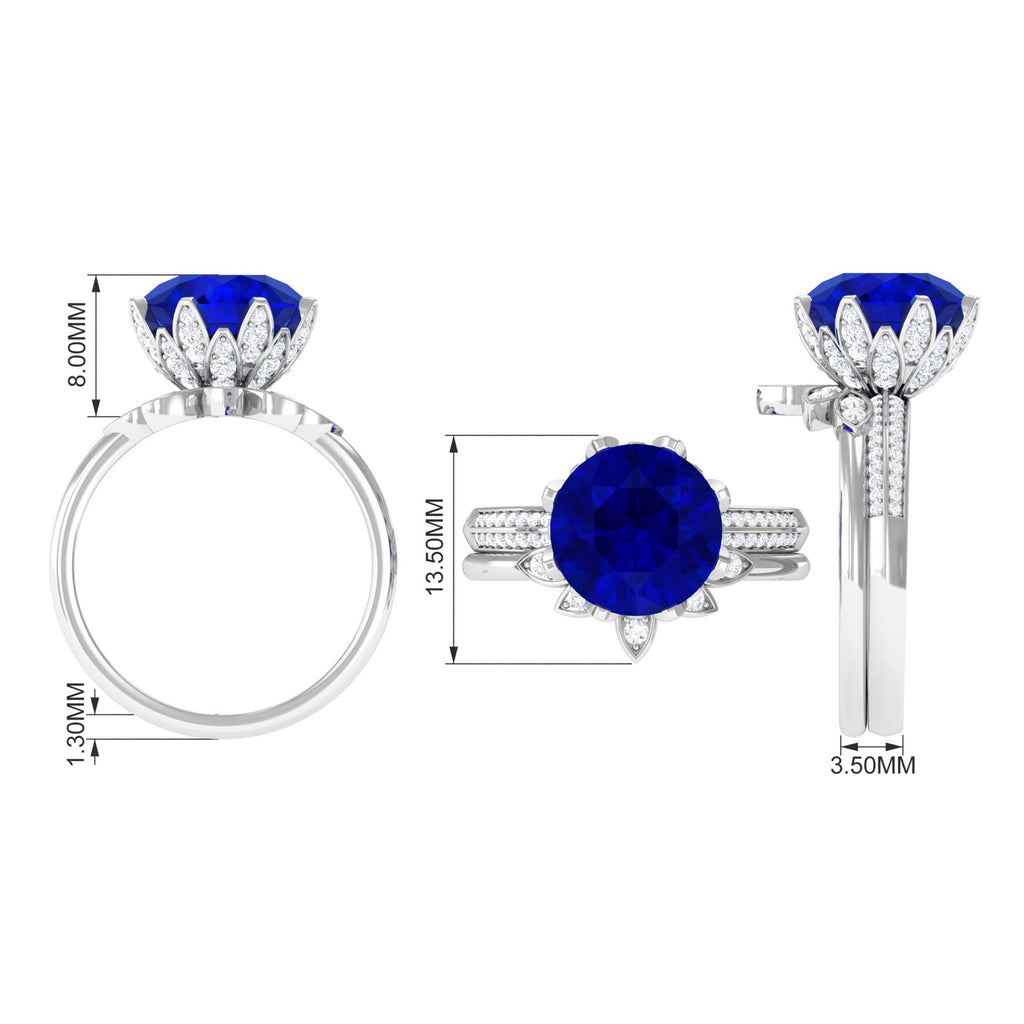 Floral Inspired Created Blue Sapphire and Diamond Bridal Ring Set Lab Created Blue Sapphire - ( AAAA ) - Quality - Rosec Jewels