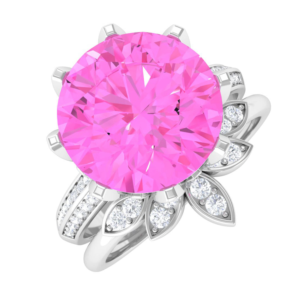 Created Pink Sapphire Flower Wedding Ring Set with Moissanite Lab Created Pink Sapphire - ( AAAA ) - Quality - Rosec Jewels