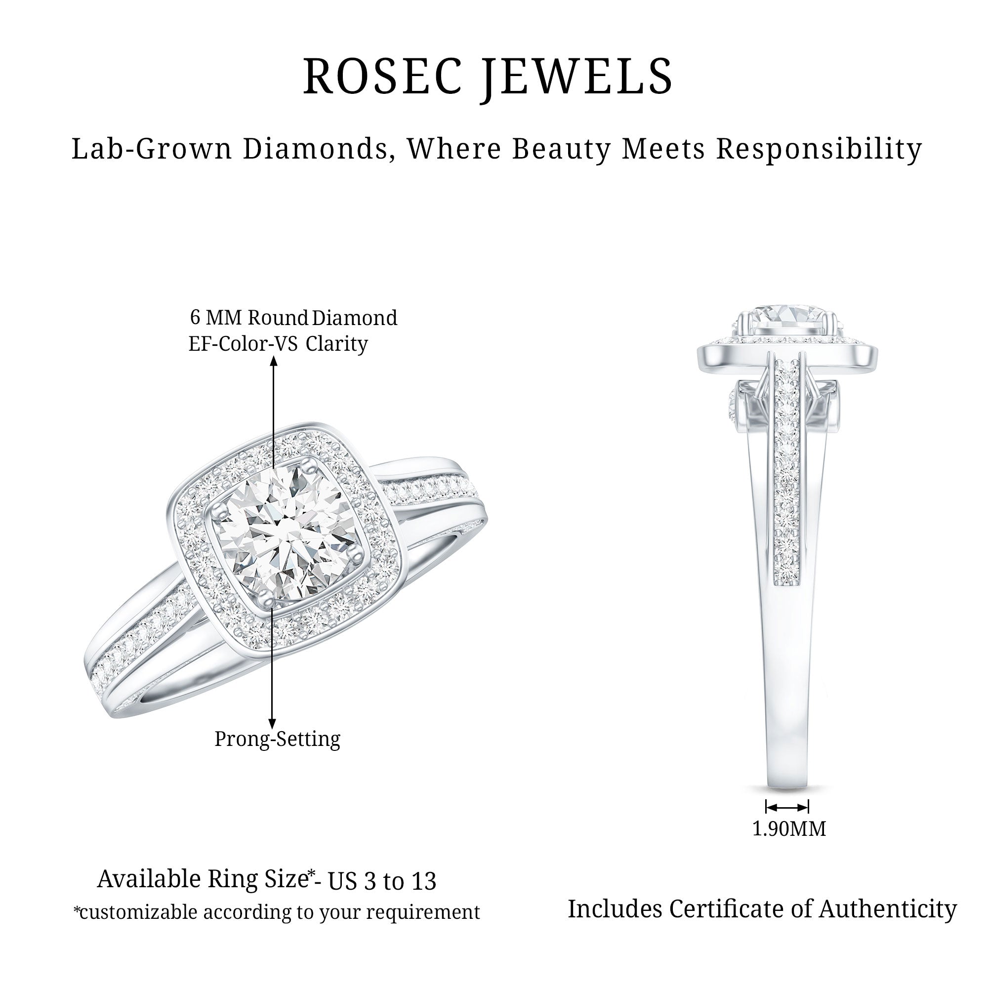 Certified 6 MM Lab Grown Diamond Halo Engagement Ring Lab - ( EF-VS ) - Rosec Jewels