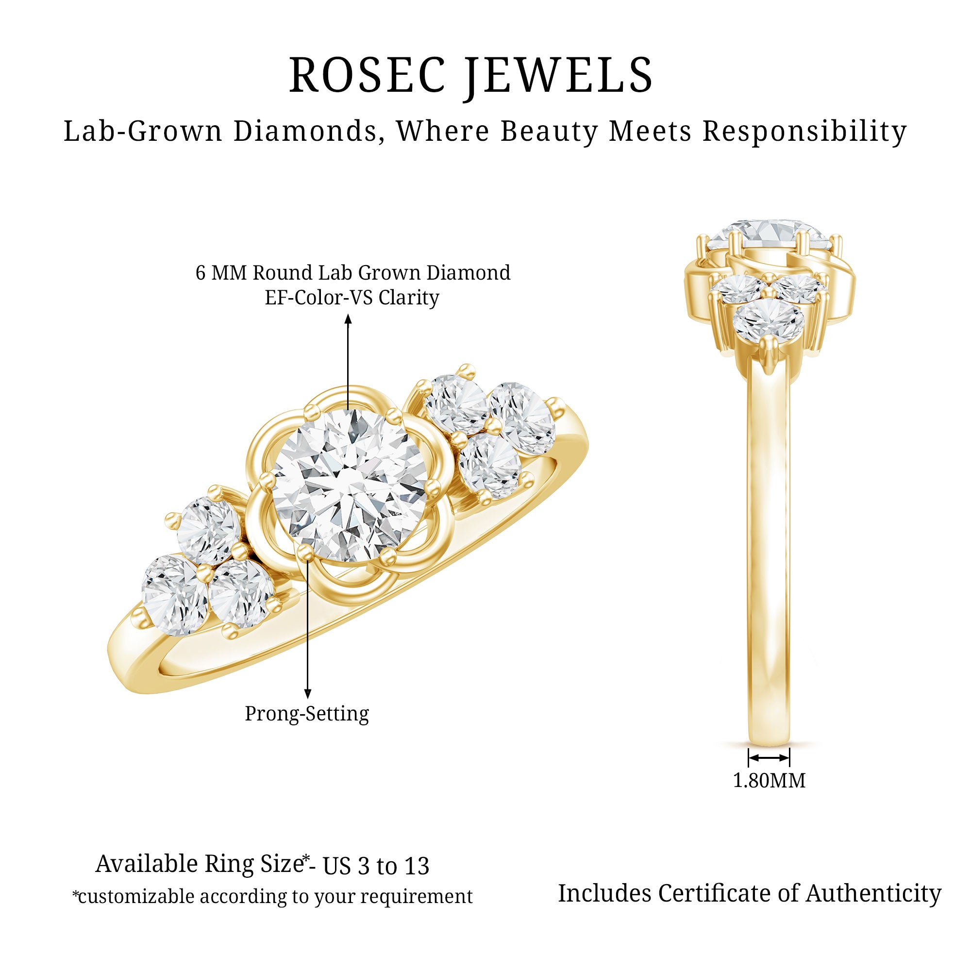 Certified 6 MM Lab Grown Diamond Engagement Ring Lab - ( EF-VS ) - Rosec Jewels