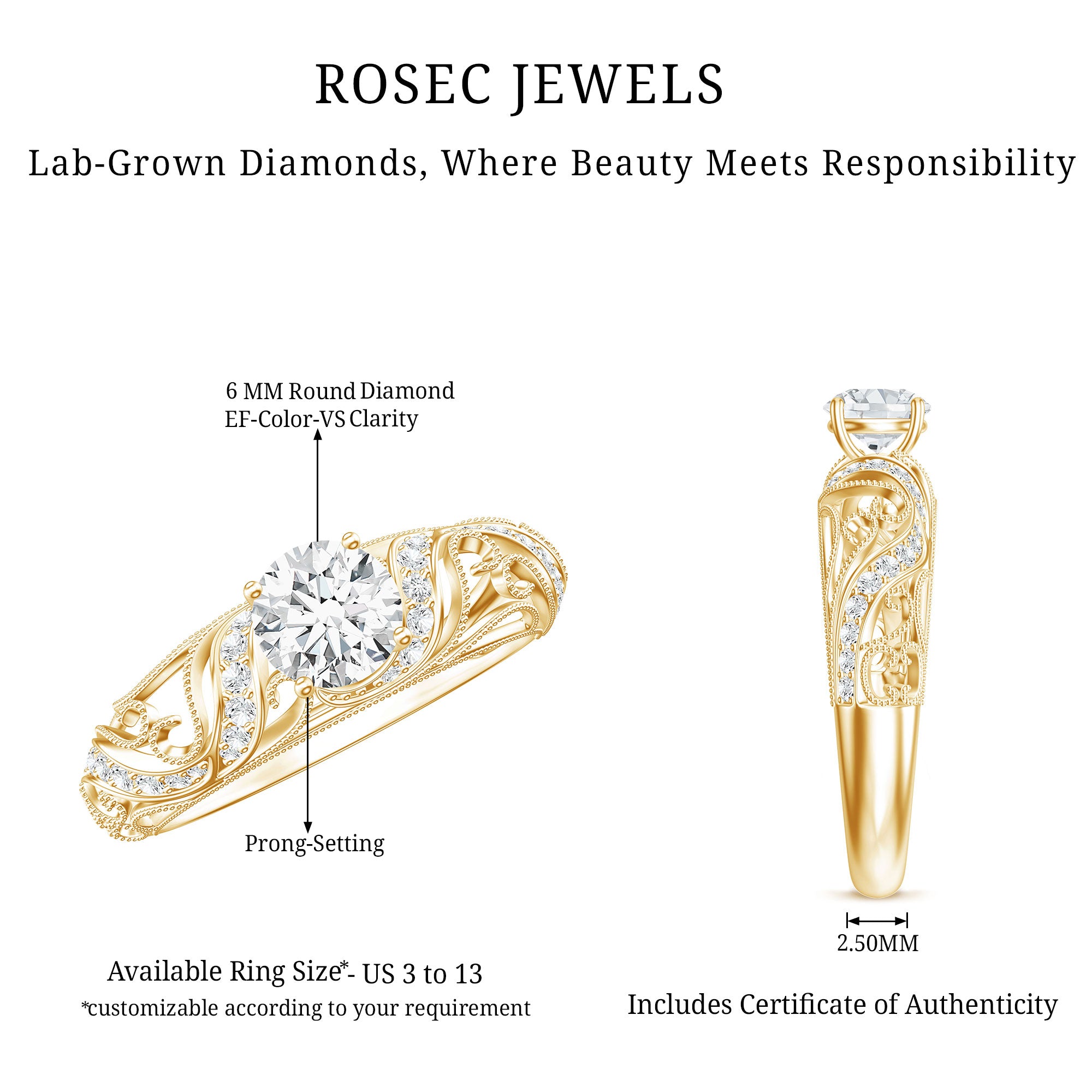 Certified 6 MM Lab Grown Diamond Designer Engagement Ring Lab - ( EF-VS ) - Rosec Jewels