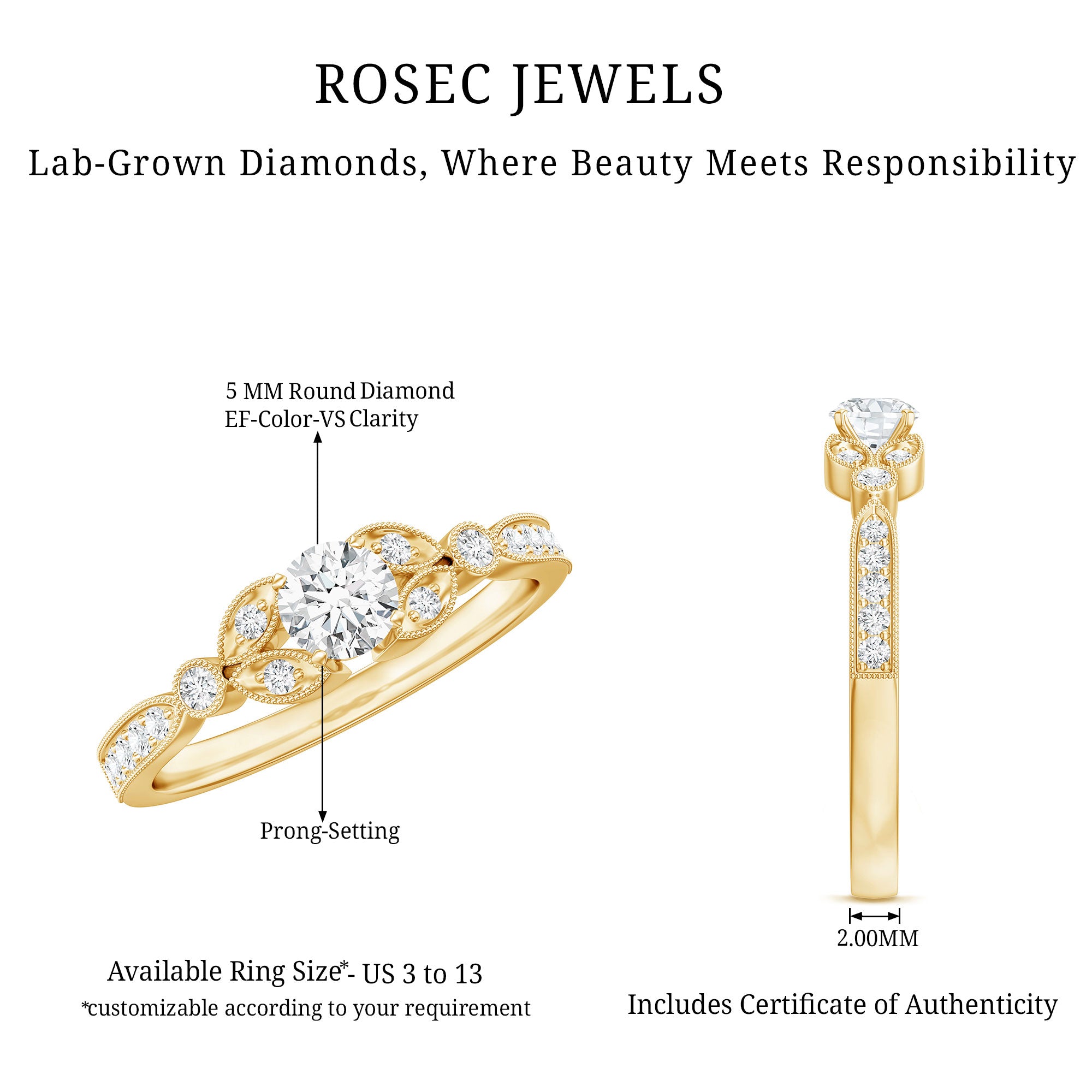 Certified Lab Grown Diamond Minimal Engagement Ring Lab - ( EF-VS ) - Rosec Jewels