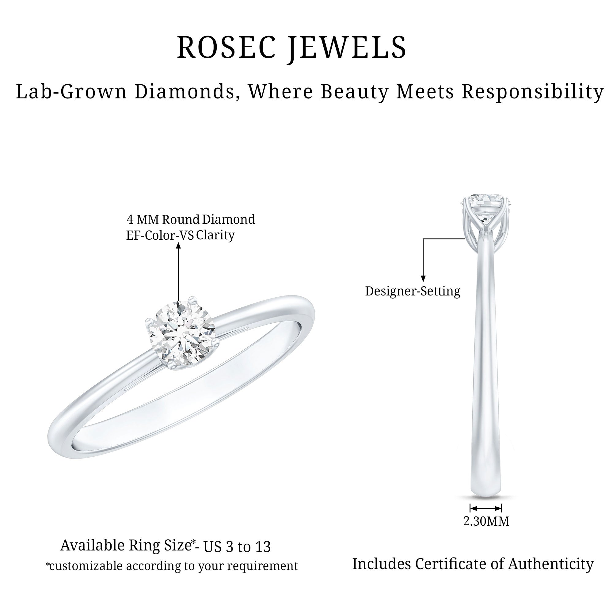 Lab Grown Diamond Solitaire Promise Ring For Women Lab - ( EF-VS ) - Rosec Jewels