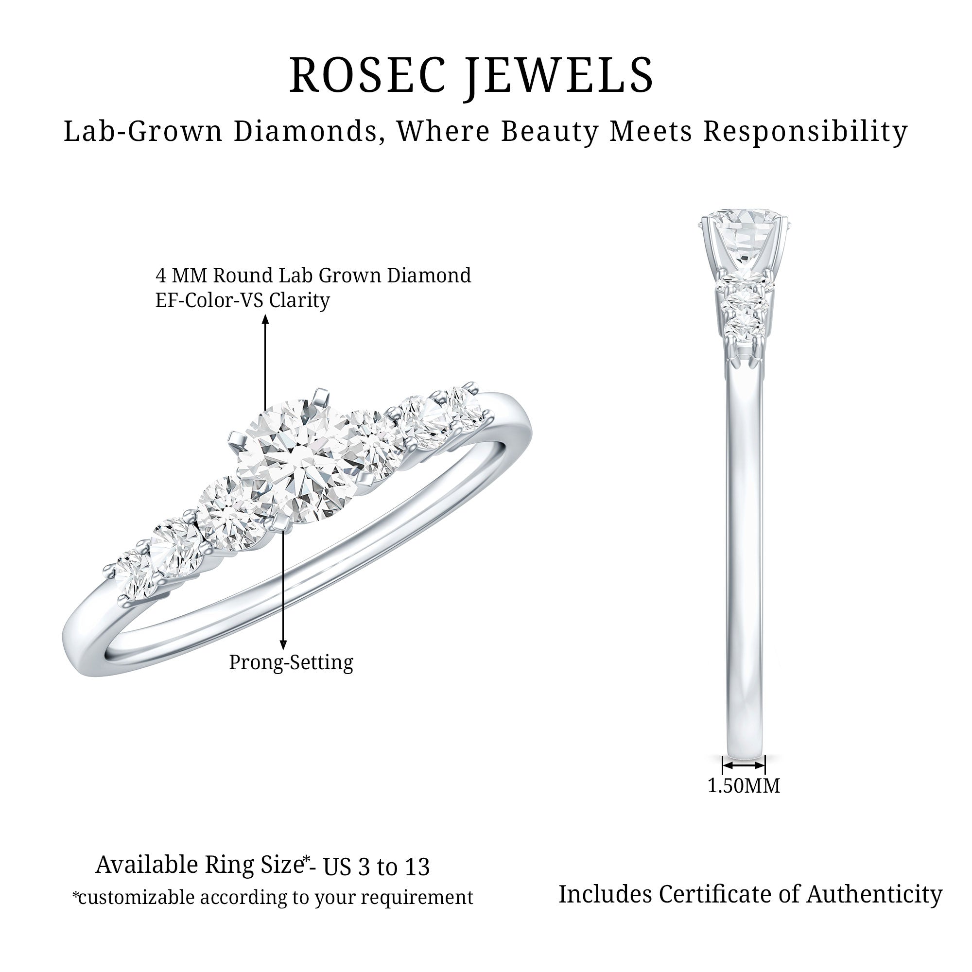 Certified Lab Grown Diamond Classic Solitaire Engagement Ring Lab - ( EF-VS ) - Rosec Jewels