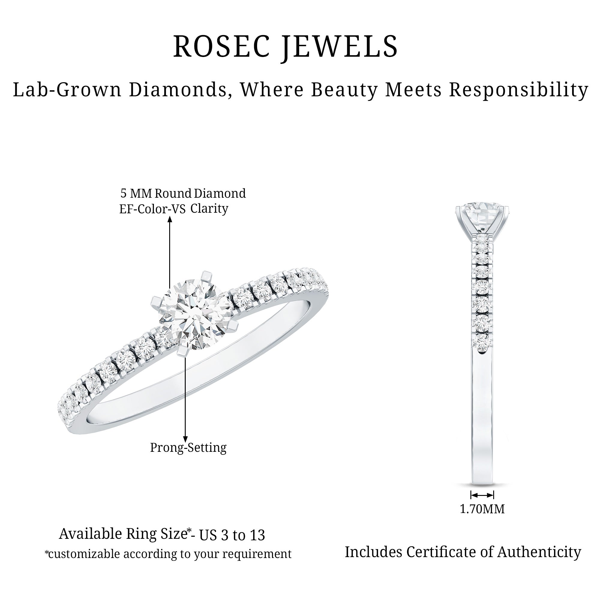 5 MM Lab Grown Diamond Simple Engagement Ring with Side Stones Lab - ( EF-VS ) - Rosec Jewels