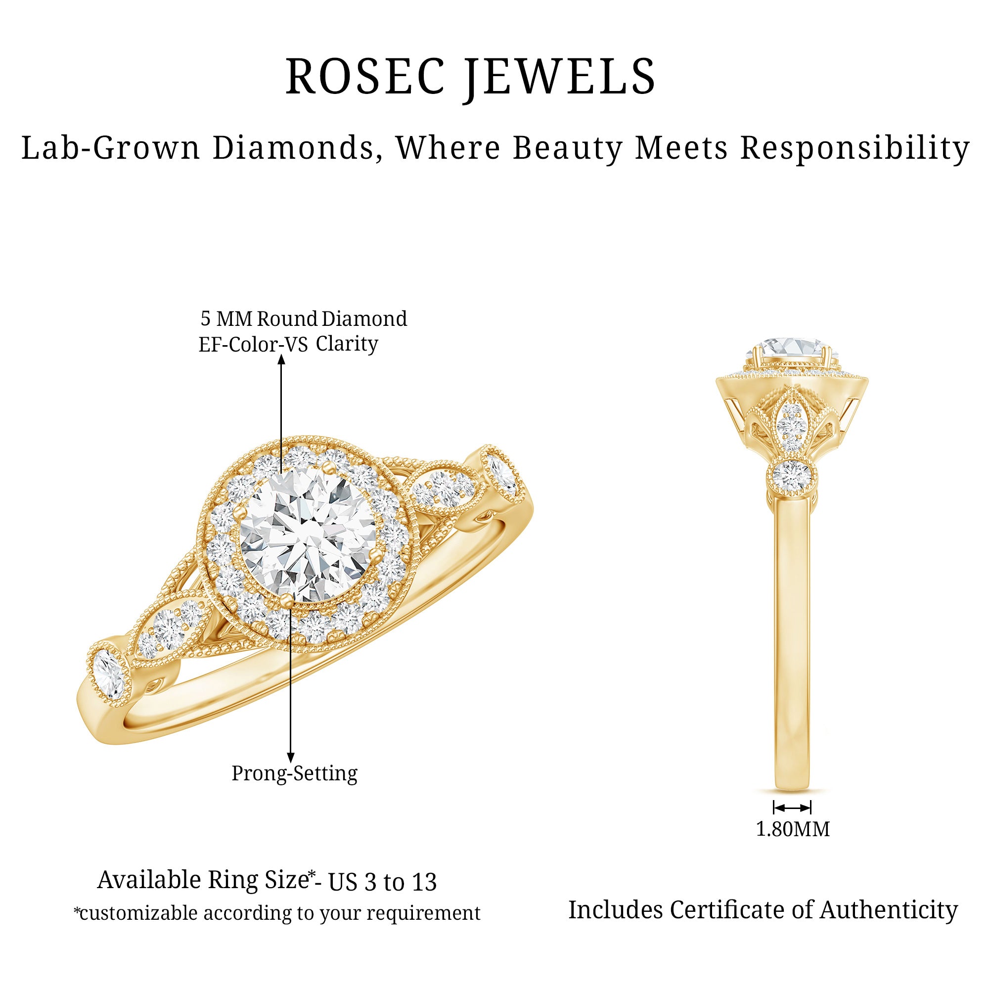 Certified 5 MM Lab Grown Diamond Halo Engagement Ring With Side Stones Lab - ( EF-VS ) - Rosec Jewels