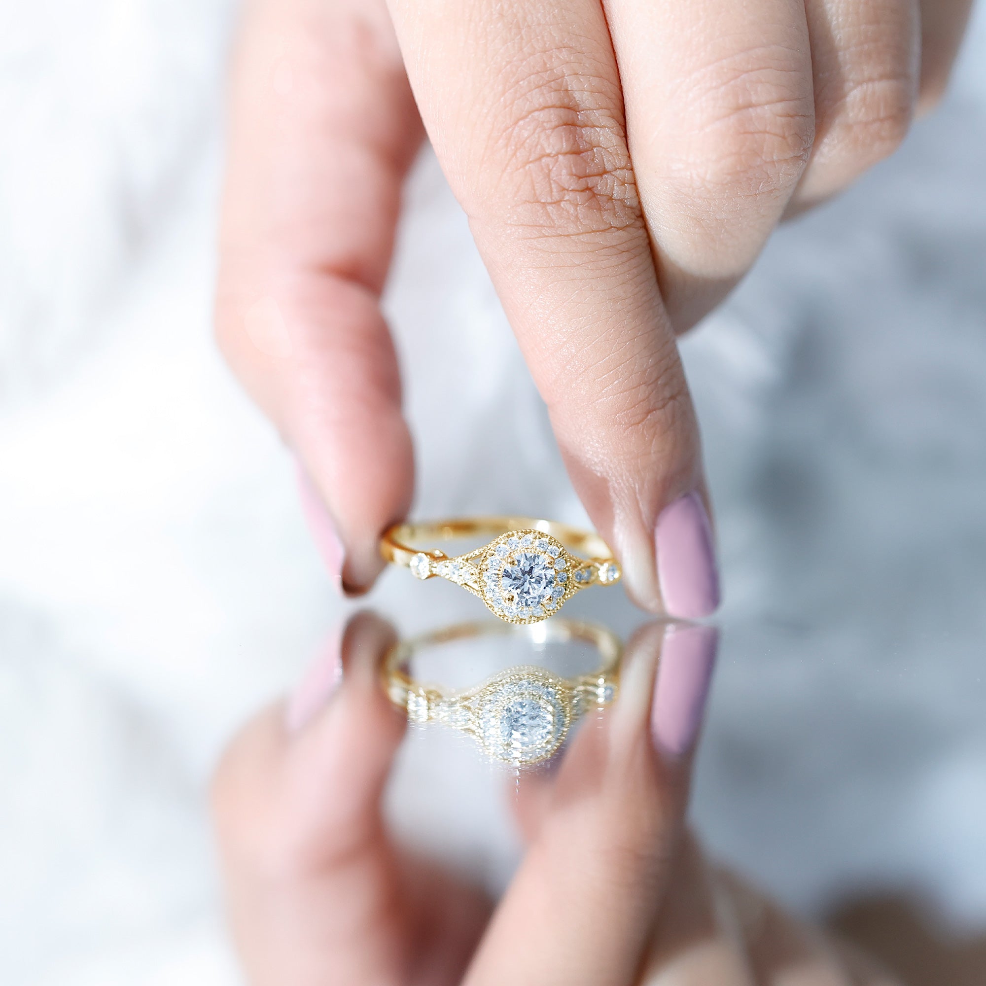 Certified 5 MM Lab Grown Diamond Halo Engagement Ring With Side Stones Lab - ( EF-VS ) - Rosec Jewels