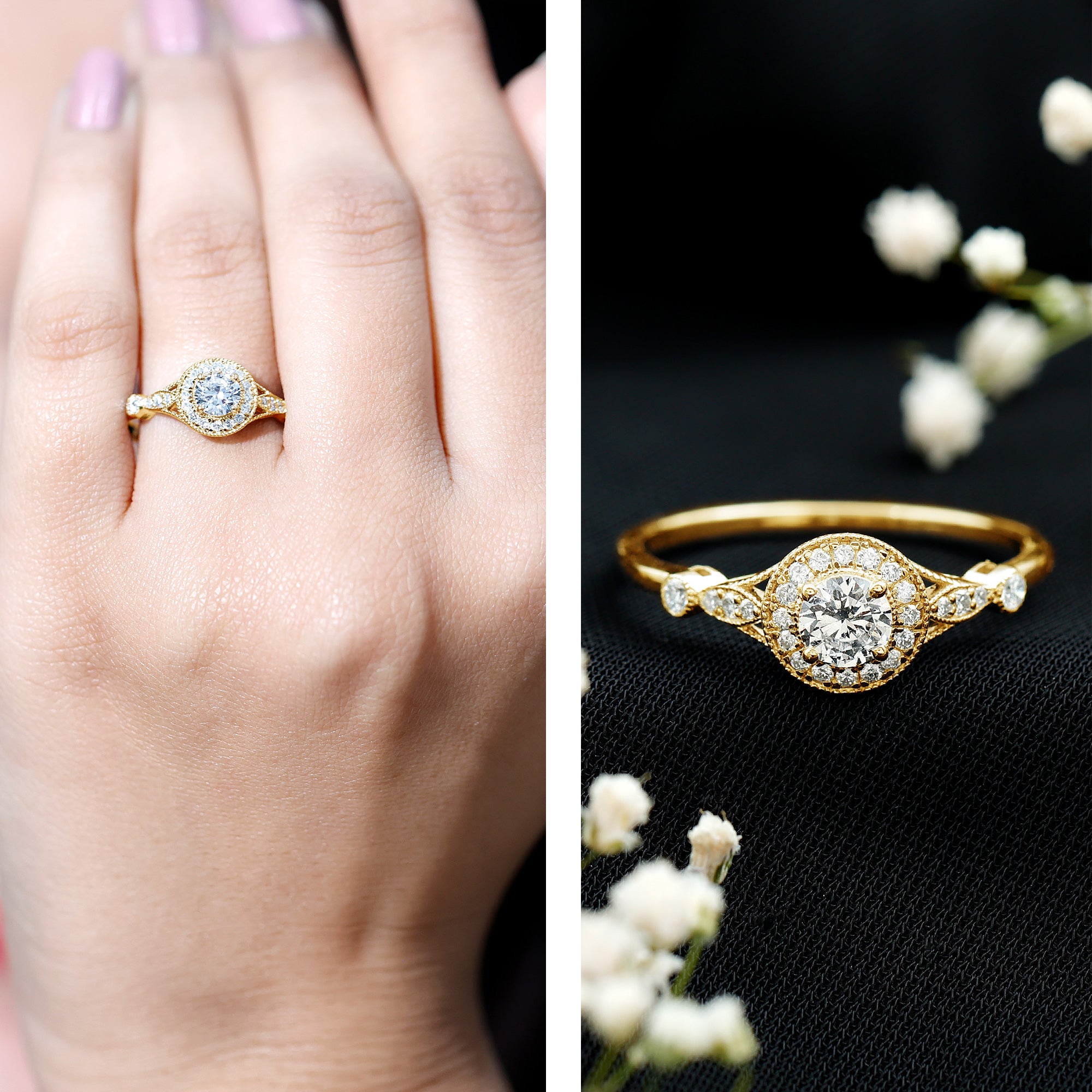 Certified 5 MM Lab Grown Diamond Halo Engagement Ring With Side Stones Lab - ( EF-VS ) - Rosec Jewels