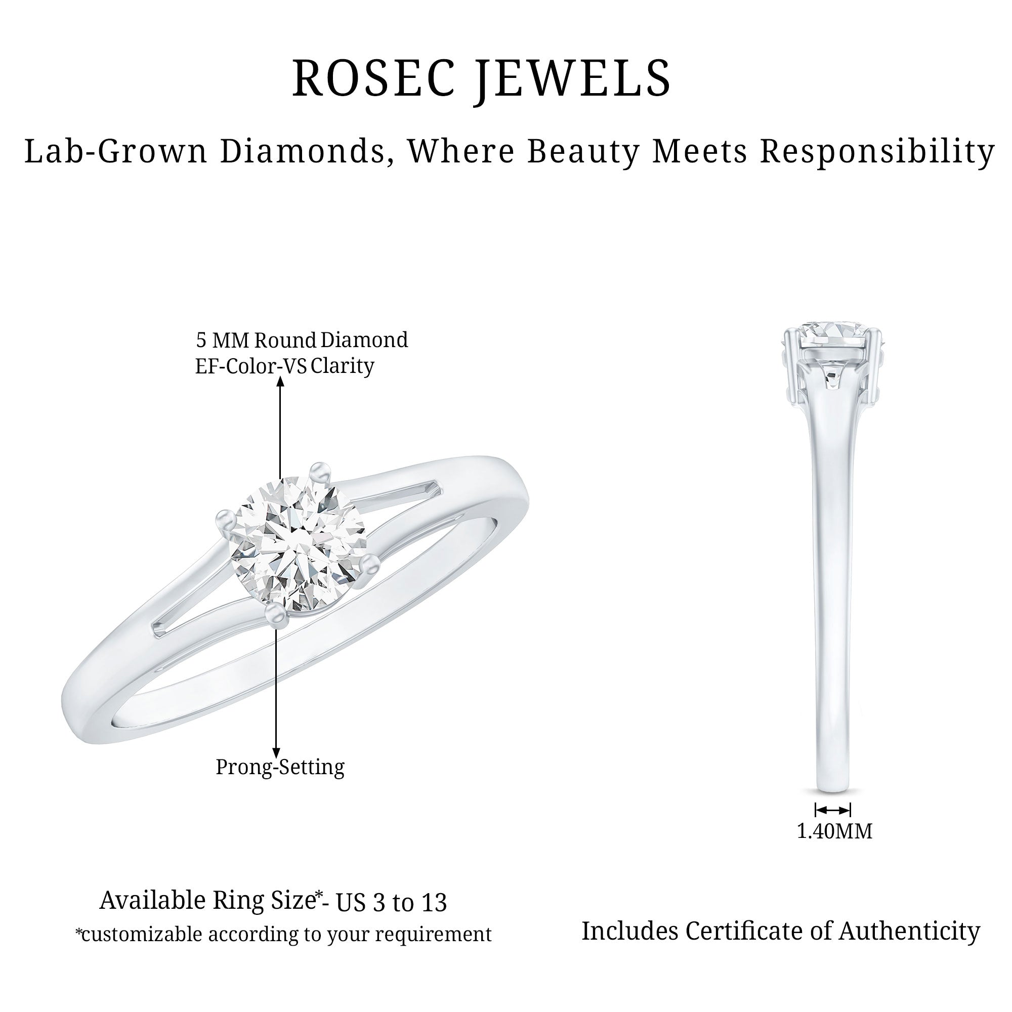Rosec Jewels-Lab Grown Diamond 5 MM Solitaire Promise Ring With Split Shank