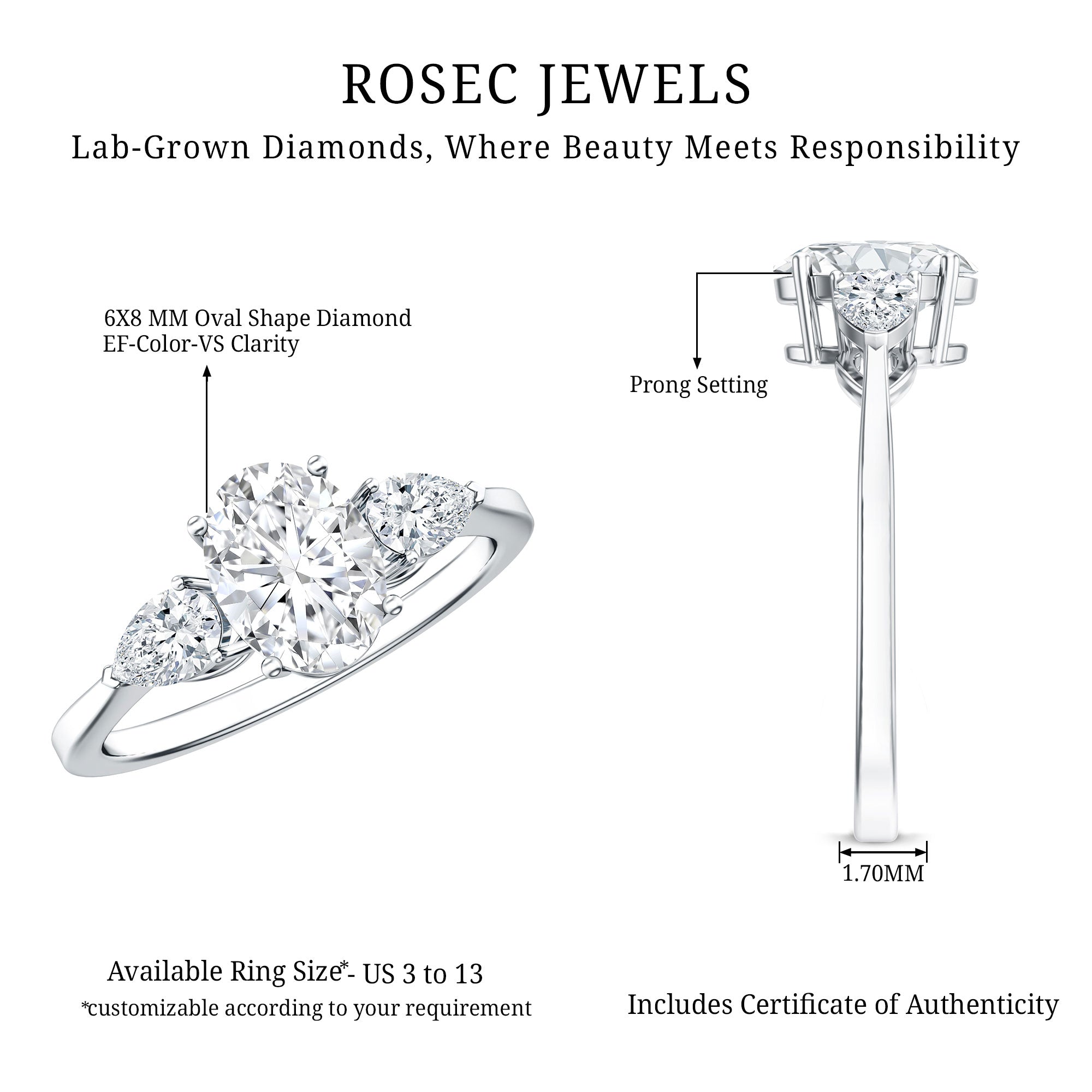Rosec Jewels-Lab Grown Diamond Past Present Future Engagement Ring For Women