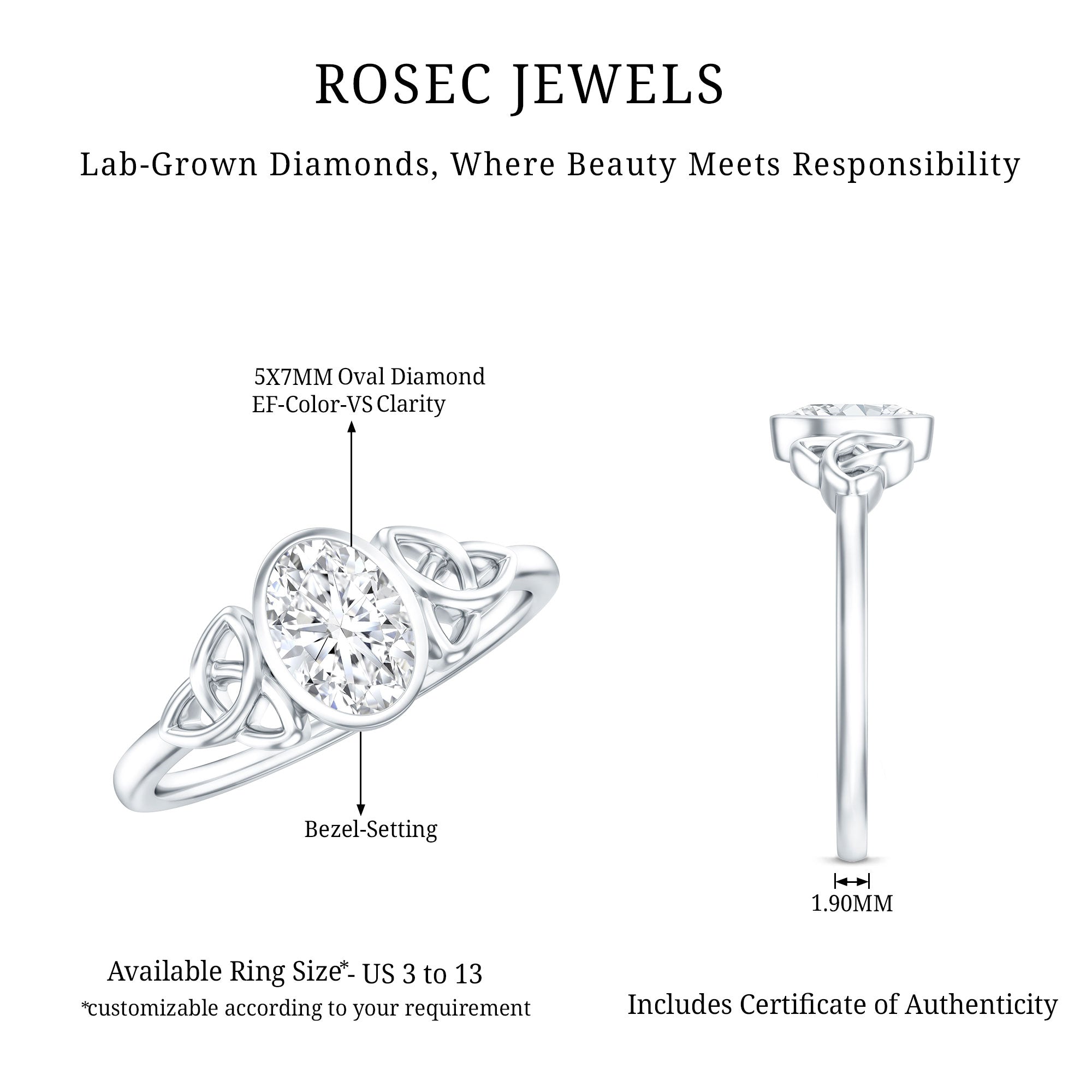 Rosec Jewels-5X7 MM Oval Lab Grown Diamond Celtic Knot Engagement Ring
