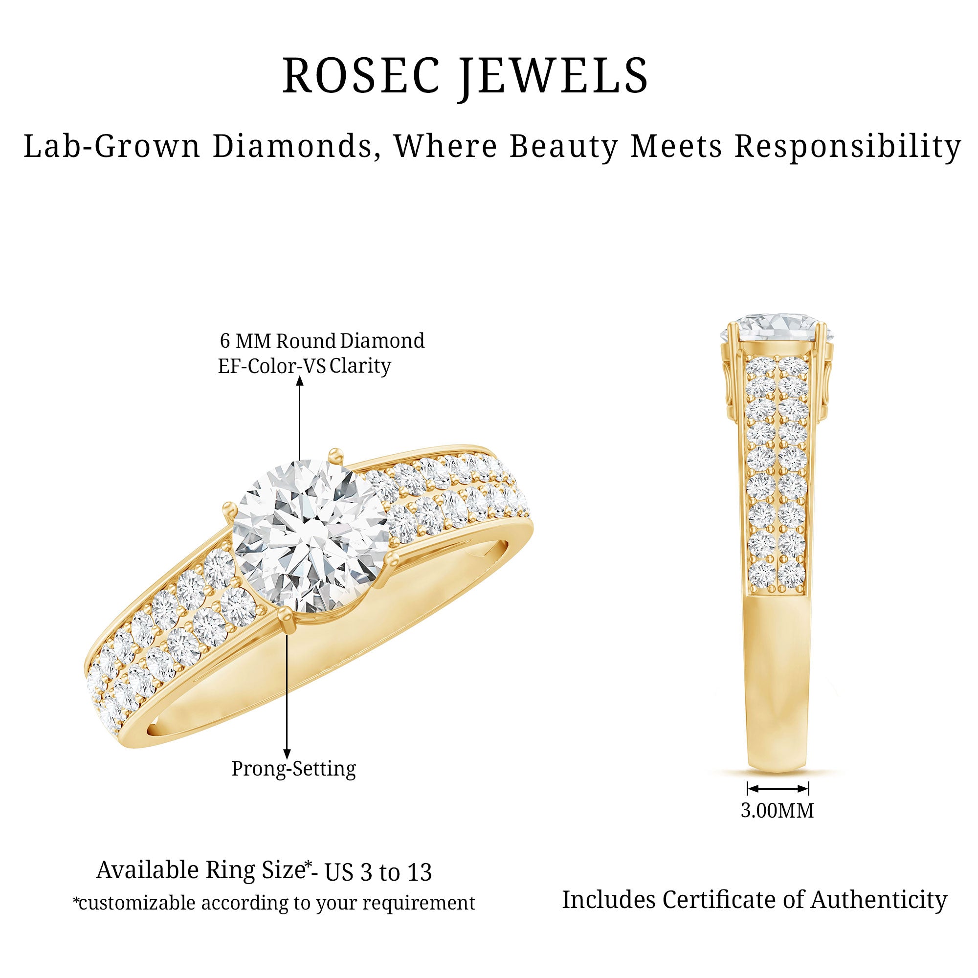 Rosec Jewels-Certified Lab Grown Diamond 1Ct Engagement Ring With Side Stones