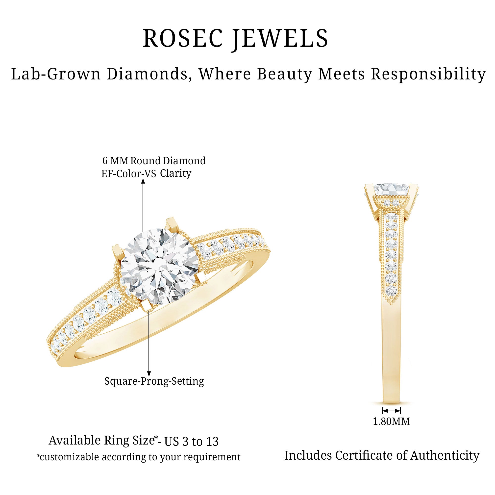 Certified Lab Grown Diamond 6 MM Round Engagement Ring With Side Stones Lab - ( EF-VS ) - Rosec Jewels