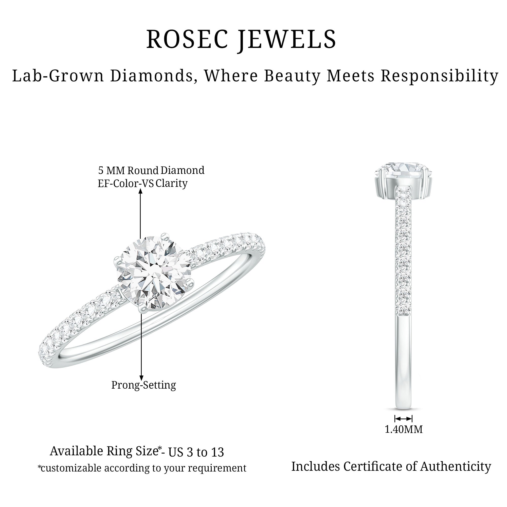 Certified 5 MM Lab Grown Diamond Engagement Ring With Side Stones Lab - ( EF-VS ) - Rosec Jewels