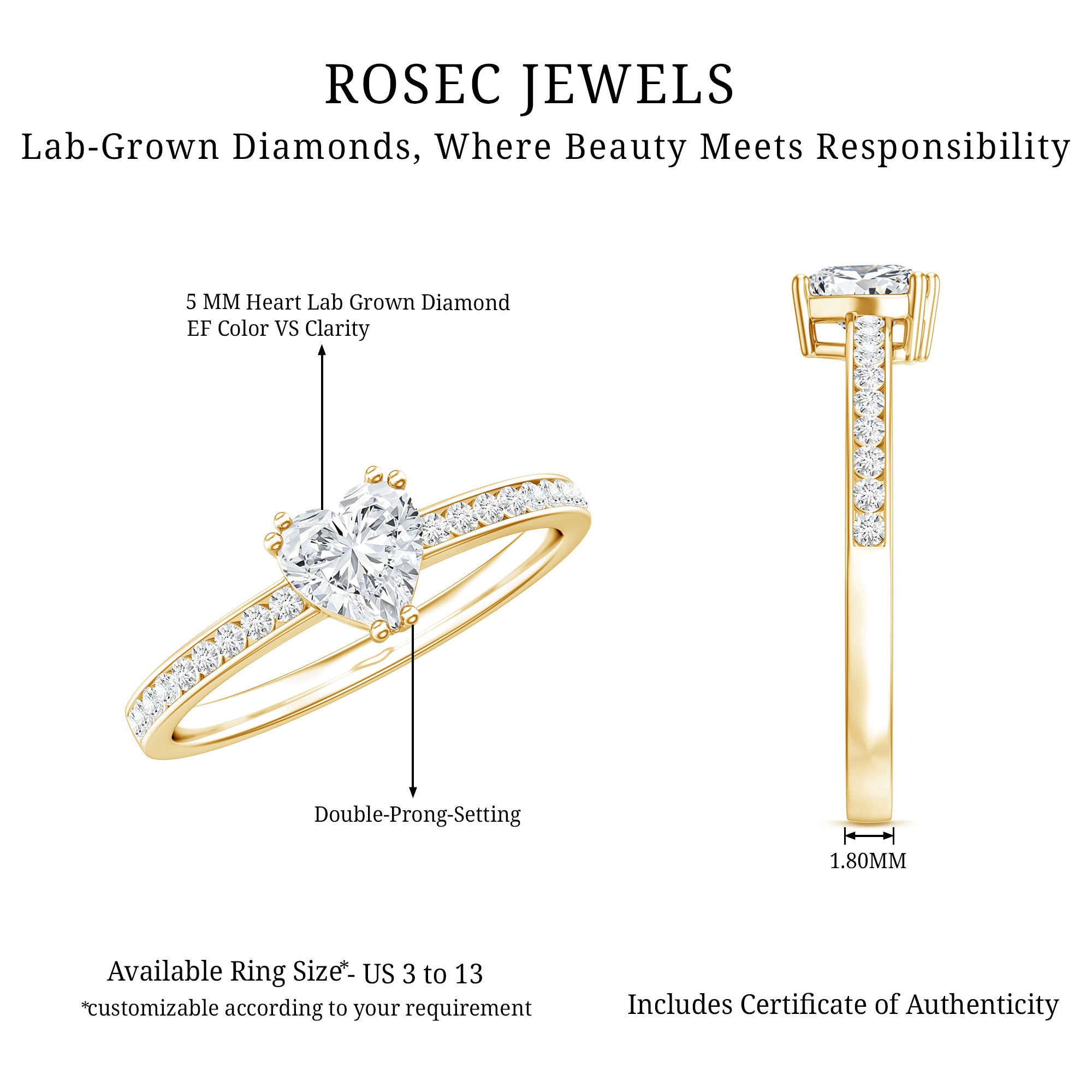 Rosec Jewels-Lab Grown Diamond 5 MM Heart Engagement Ring With Side Stones