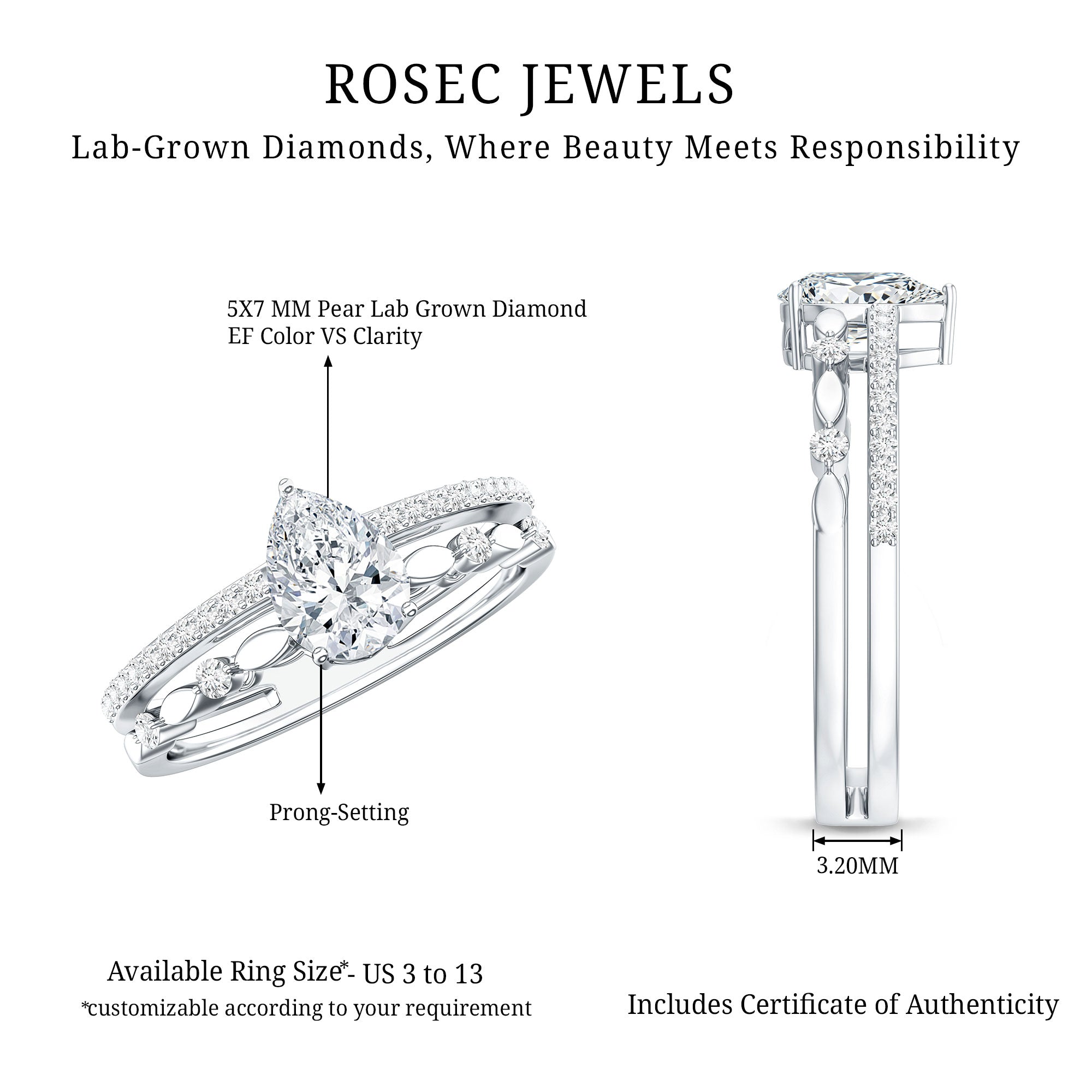 Certified Lab Grown Diamond 5X7 MM Teardrop Double Band Engagement Ring Lab - ( EF-VS ) - Rosec Jewels