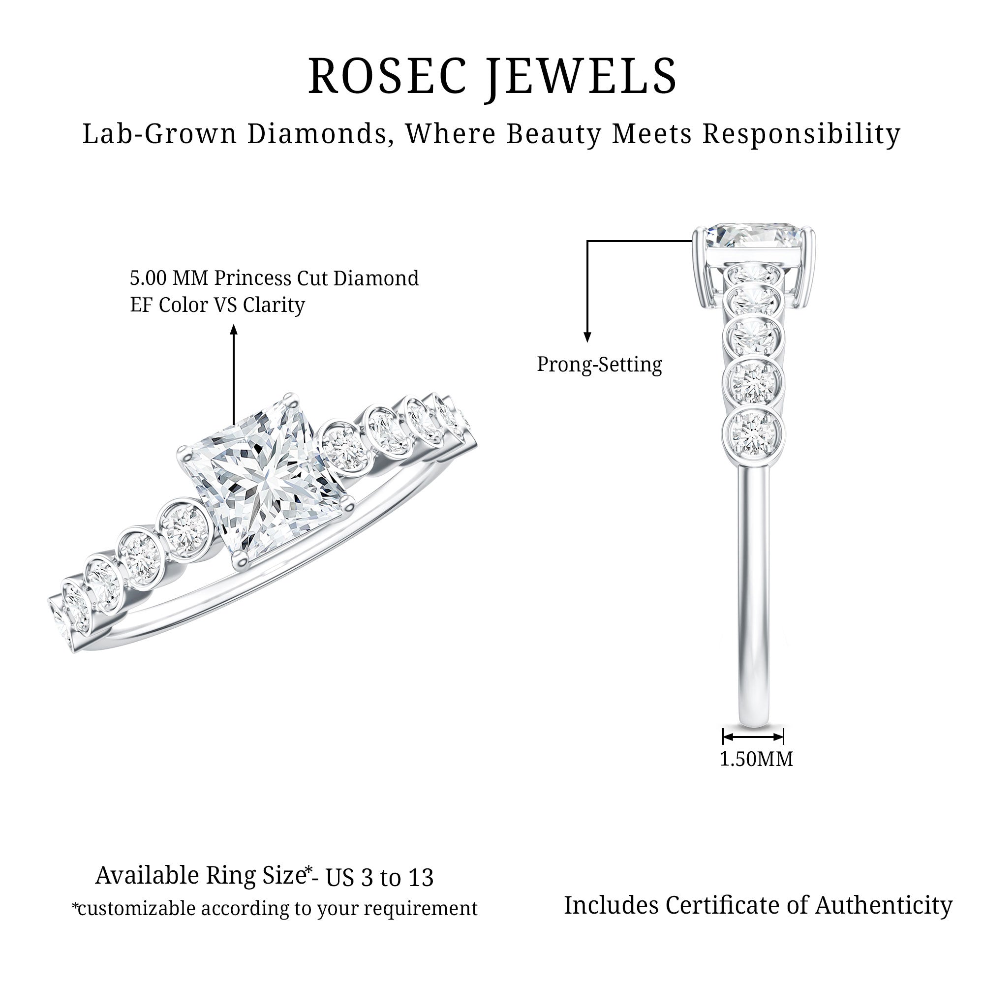 Rosec Jewels-Lab Grown Diamond 5 MM Princess Cut Engagement Ring With Side Stones