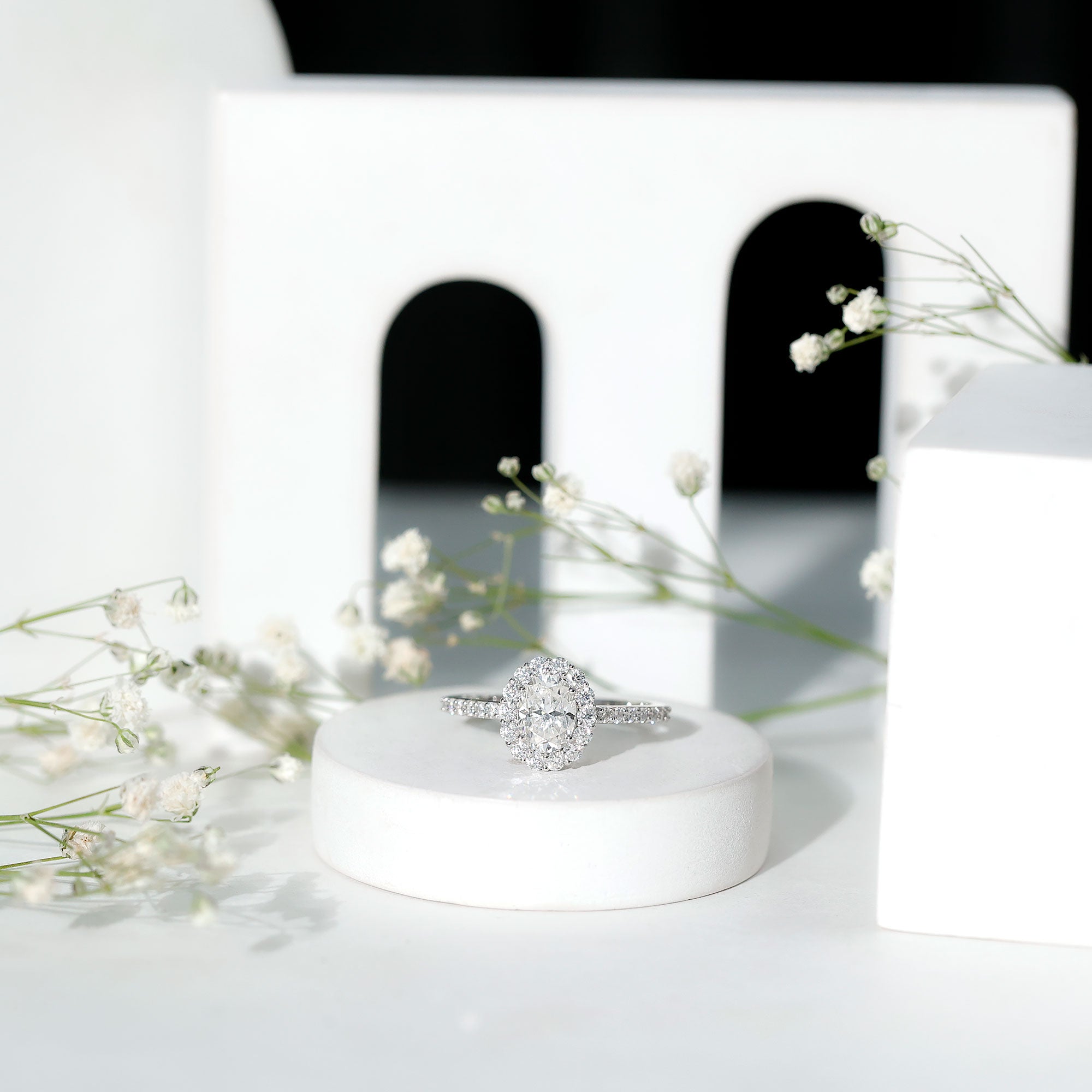 Rosec Jewels-Lab Grown Diamond 6X8MM Oval Halo Engagement Ring With Side Stones
