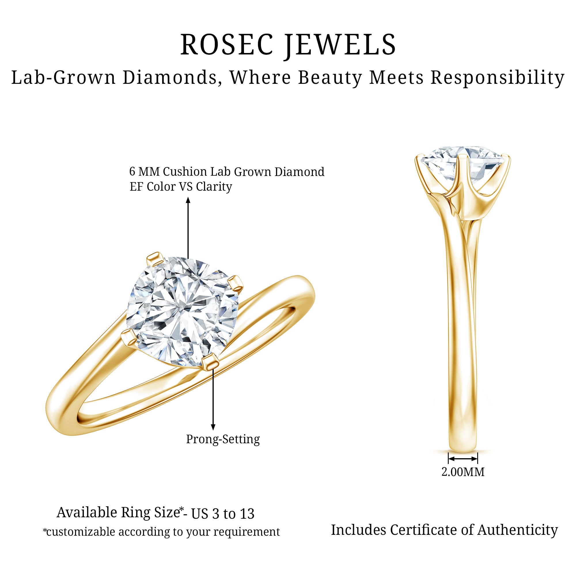 Certified 6 MM Cushion Lab Grown Diamond Solitaire Engagement Ring Lab - ( EF-VS ) - Rosec Jewels