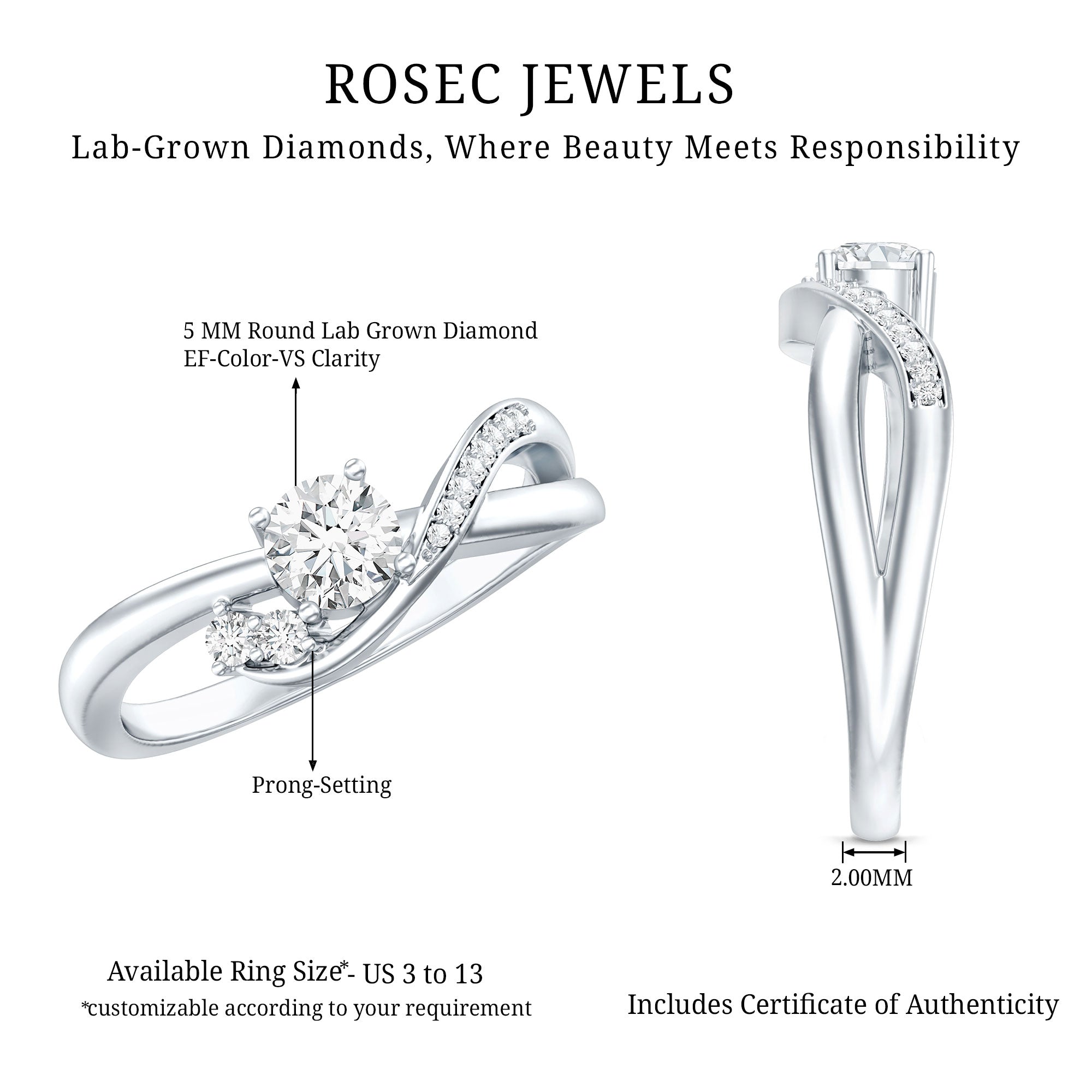 Certified 5 MM Lab Grown Diamond Proposal Ring For Women Lab - ( EF-VS ) - Rosec Jewels