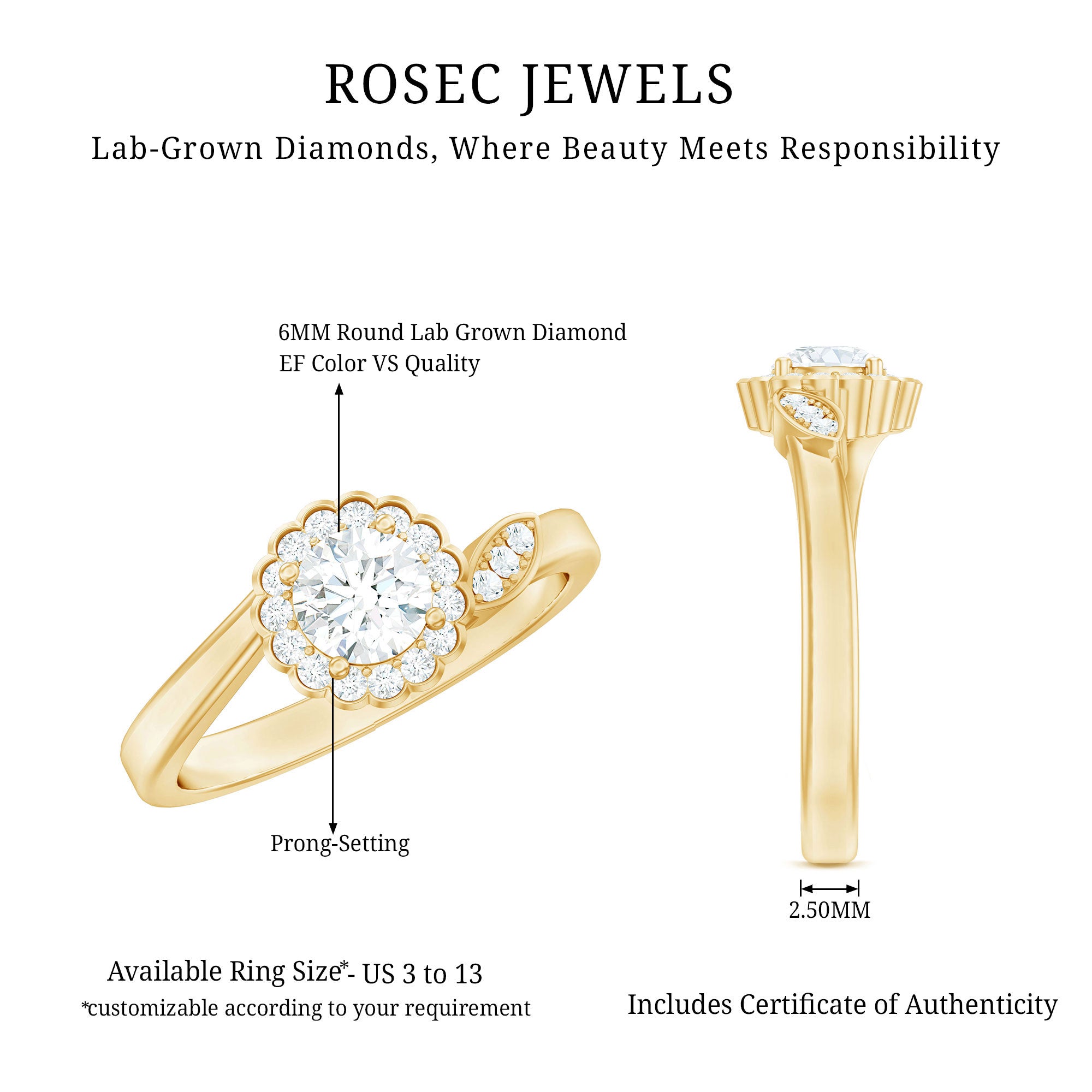 Certified 5 MM Lab Grown Diamond Floral Engagement Ring Lab - ( EF-VS ) - Rosec Jewels