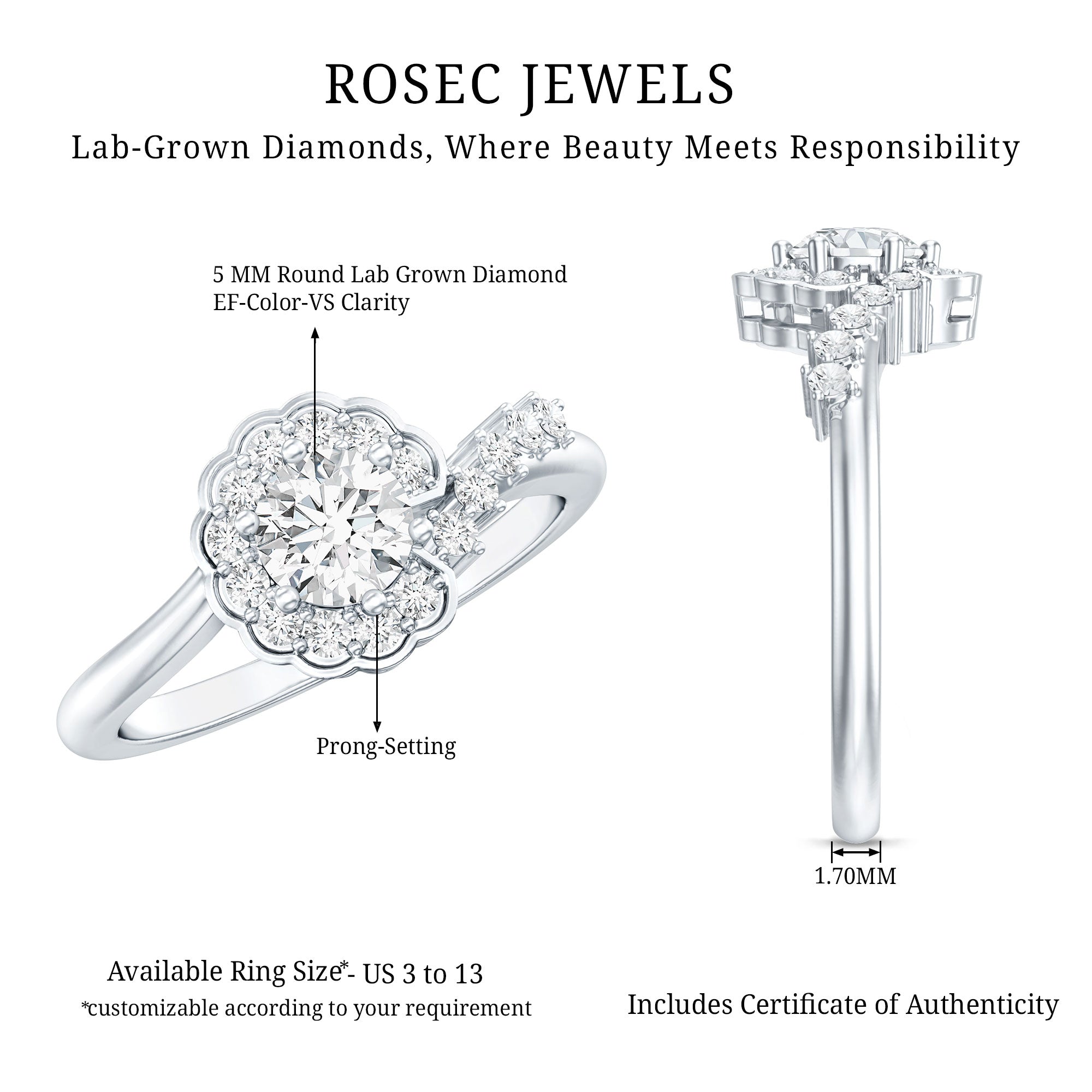 Rosec Jewels-Certified 5 MM Lab Grown Diamond Nature Inspired Engagement Ring