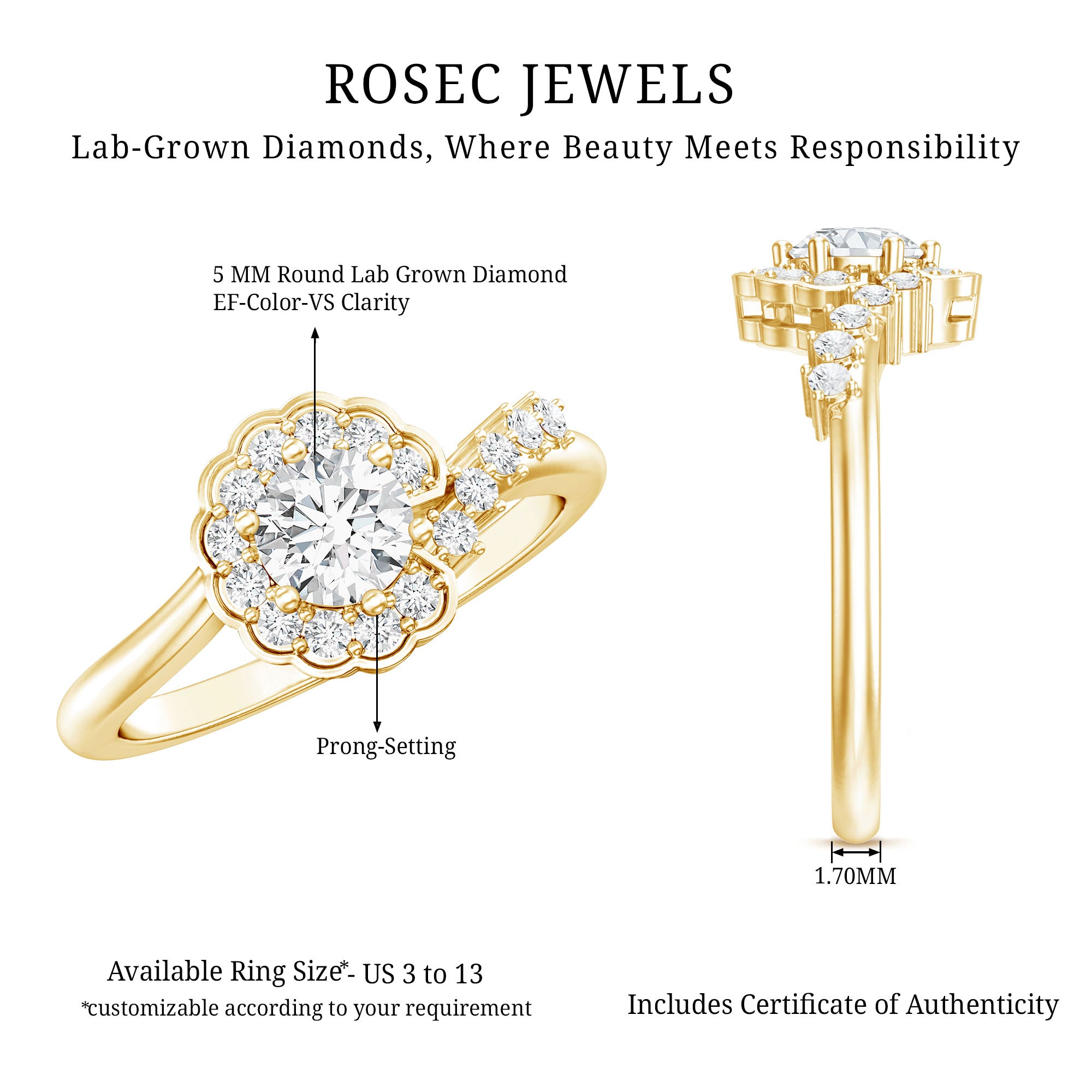 Rosec Jewels-Certified 5 MM Lab Grown Diamond Nature Inspired Engagement Ring