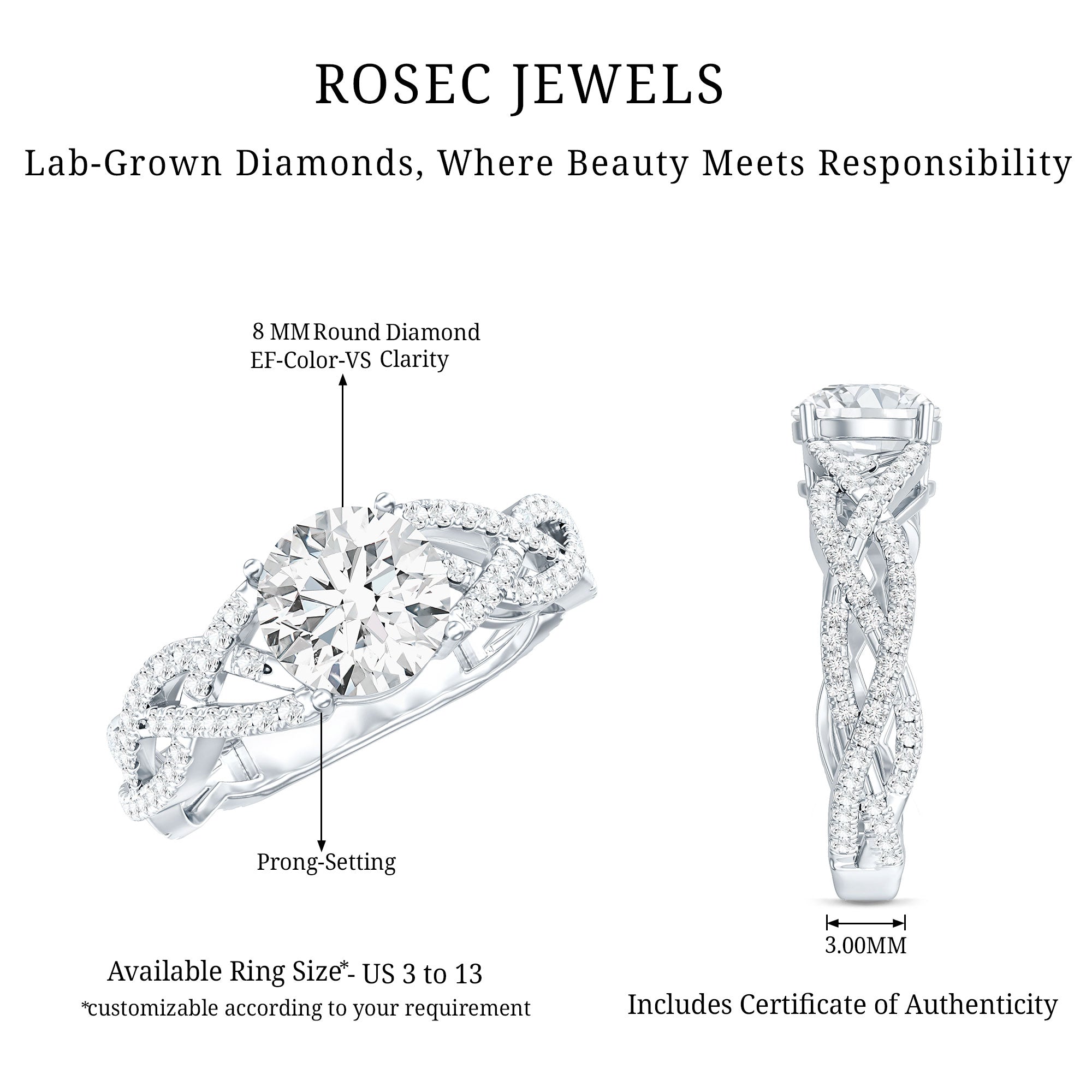 Rosec Jewels-Lab Grown Diamond 8MM Round Engagement Ring With Infinity Twist